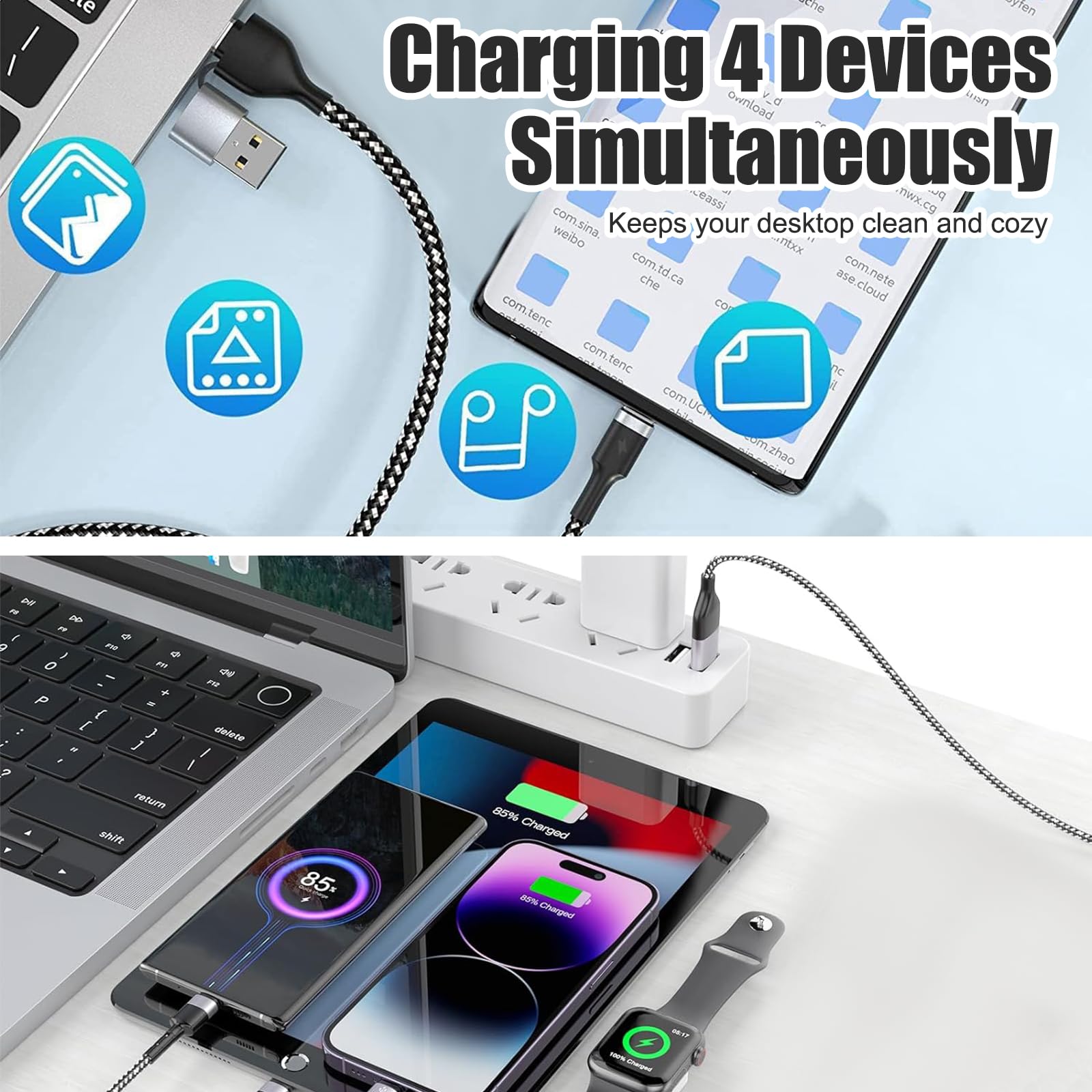 5-in-1 USB C Multi Charger Cable 1.2m Nylon Braided Fast Charging Cable - Compatible with Android, Samsung, Huawei, Nokia, LG, Kindle, PS5 - Perfect for Travel, Home & Office Use