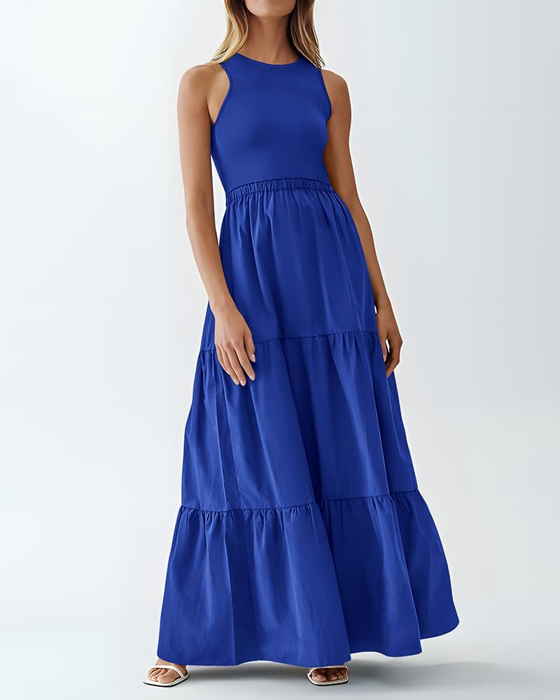 BTFBM Women's Sleeveless Summer Dress - Elegant Wedding Guest Maxi Dress with Ribbed Knit Top & Polyester Skirt with Pockets | Perfect for Beach Vacations, Garden Parties & Casual Outings