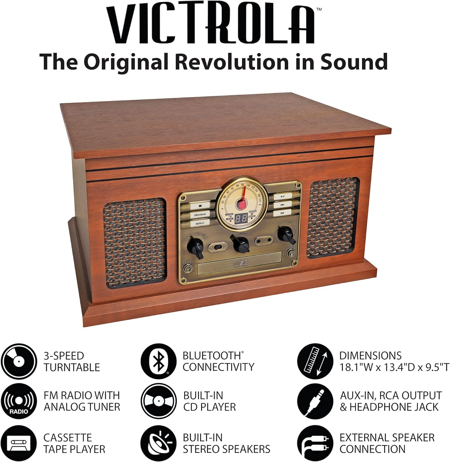Victrola Nostalgic 6-in-1 Bluetooth Record Player & Multimedia Center with Built-in Speakers - 3-Speed Turntable, CD & Cassette Player, FM Radio | Wireless Music Streaming | Mahogany Finish | Perfect for Home Entertainment & Vinyl Collectors