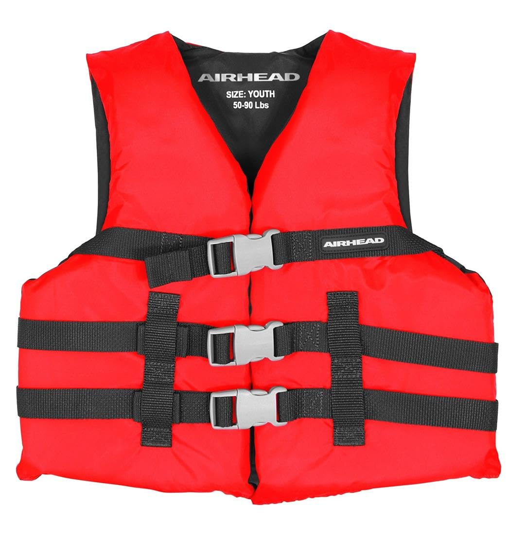Airhead Youth Nylon Open Side Life Jacket - Red PFD for Kids Boating, Swimming & Water Sports Safety