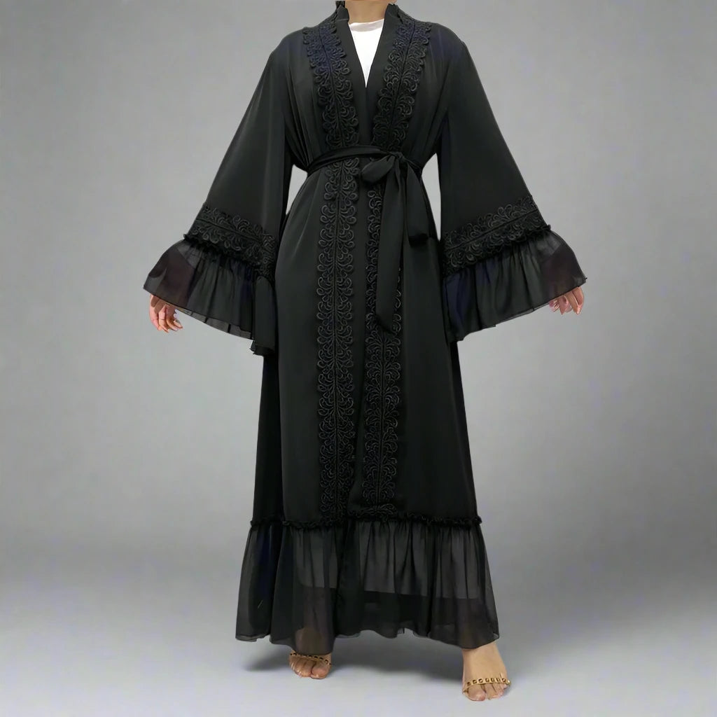 Elegant Floral Embroidery Open Abaya Dress for Muslim Women - Modest Islamic Prayer Dress for Mosque, Eid & Special Occasions