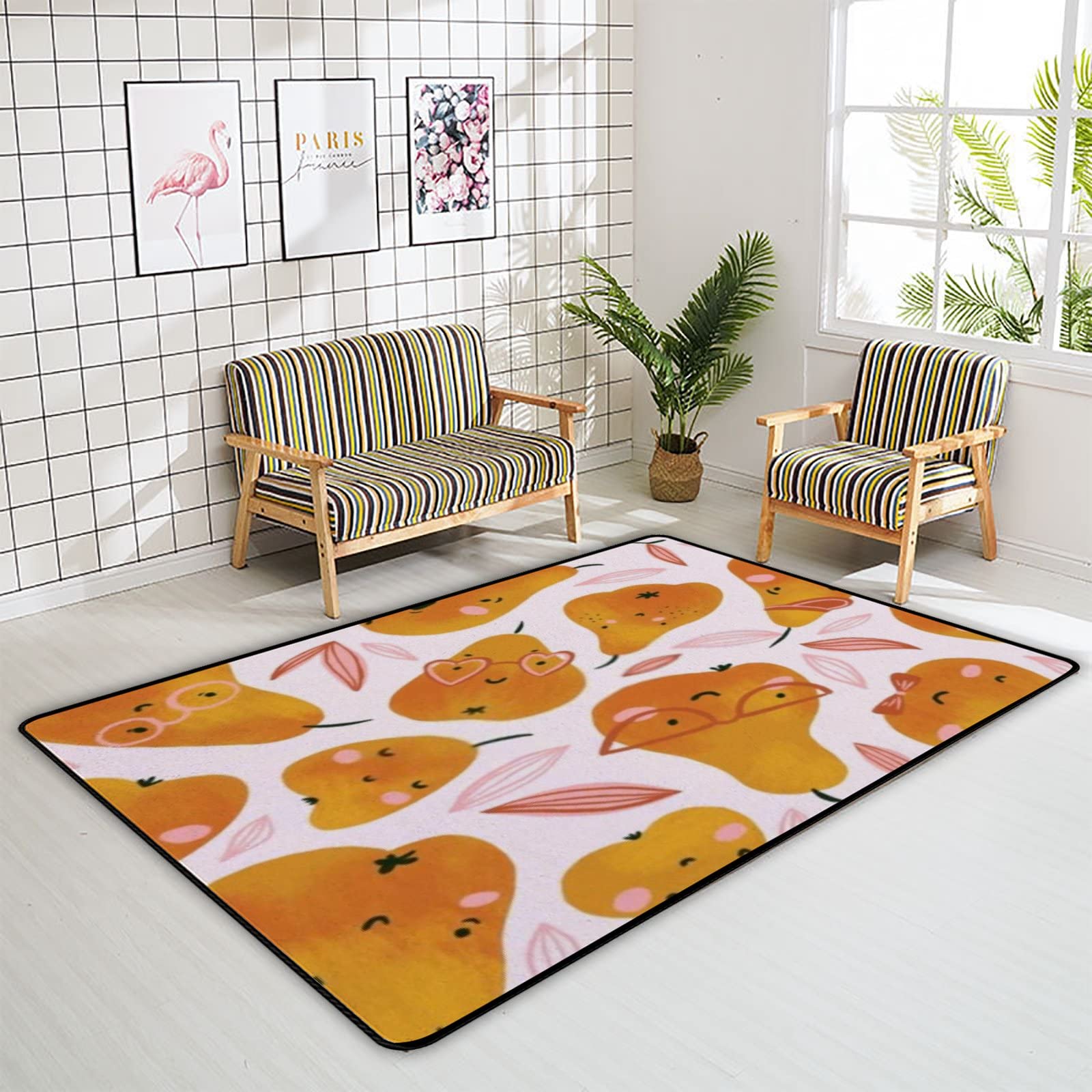Non-Slip Soft Orange Pears Area Rug - 80x58in Large Indoor Floor Mat for Bedroom, Living Room, Nursery, Dorm & Office Decor | Cute Home Carpet with Runner Design, Perfect for Kids Room & Under Desk