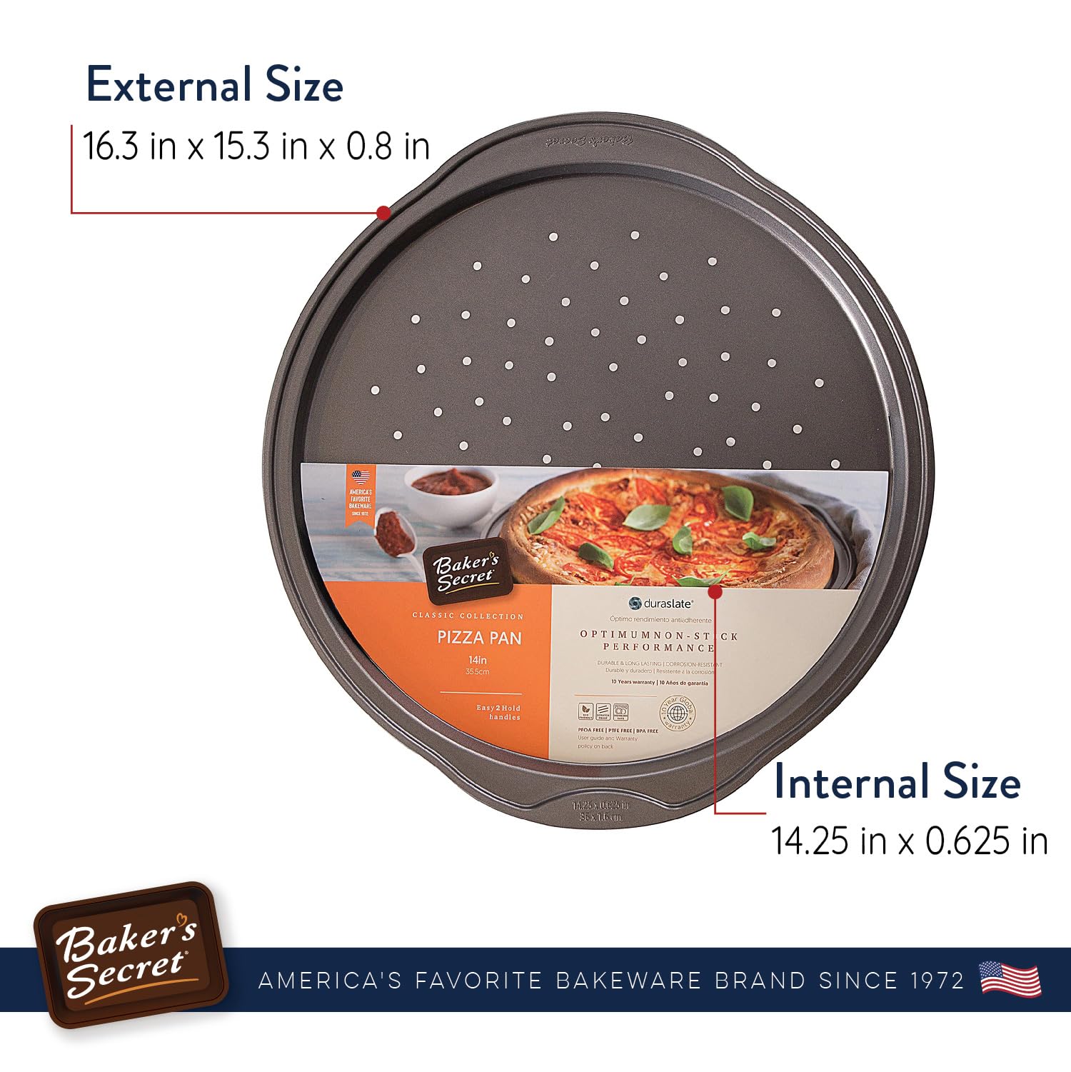 Baker's Secret 14-Inch Non-Stick Pizza Pan for Oven - Carbon Steel Baking Pan with Food-Grade Coating, Dishwasher Safe & Easy Release - Perfect for Homemade Pizza, Bread, Cookies & More | Classic Collection