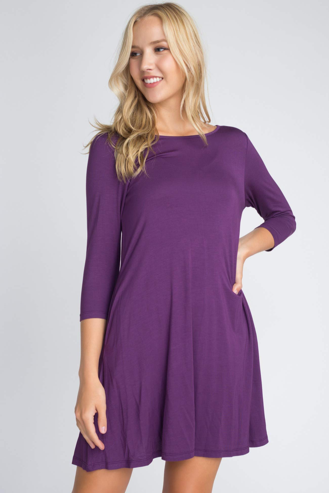 YELETE Women's 3/4 Sleeve Flowy Swing Dress with Pockets - Casual Summer Dress for Beach, Vacation & Everyday Wear