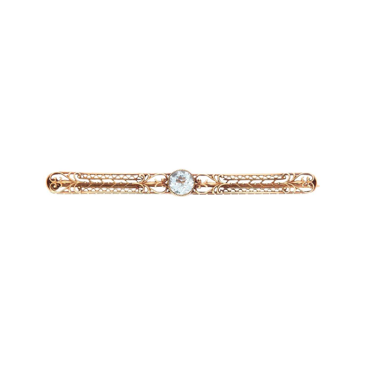 14K Gold Victorian Aquamarine Filigree Bar Pin - Elegant Antique Jewelry for Bridal, Vintage Fashion & Special Occasions