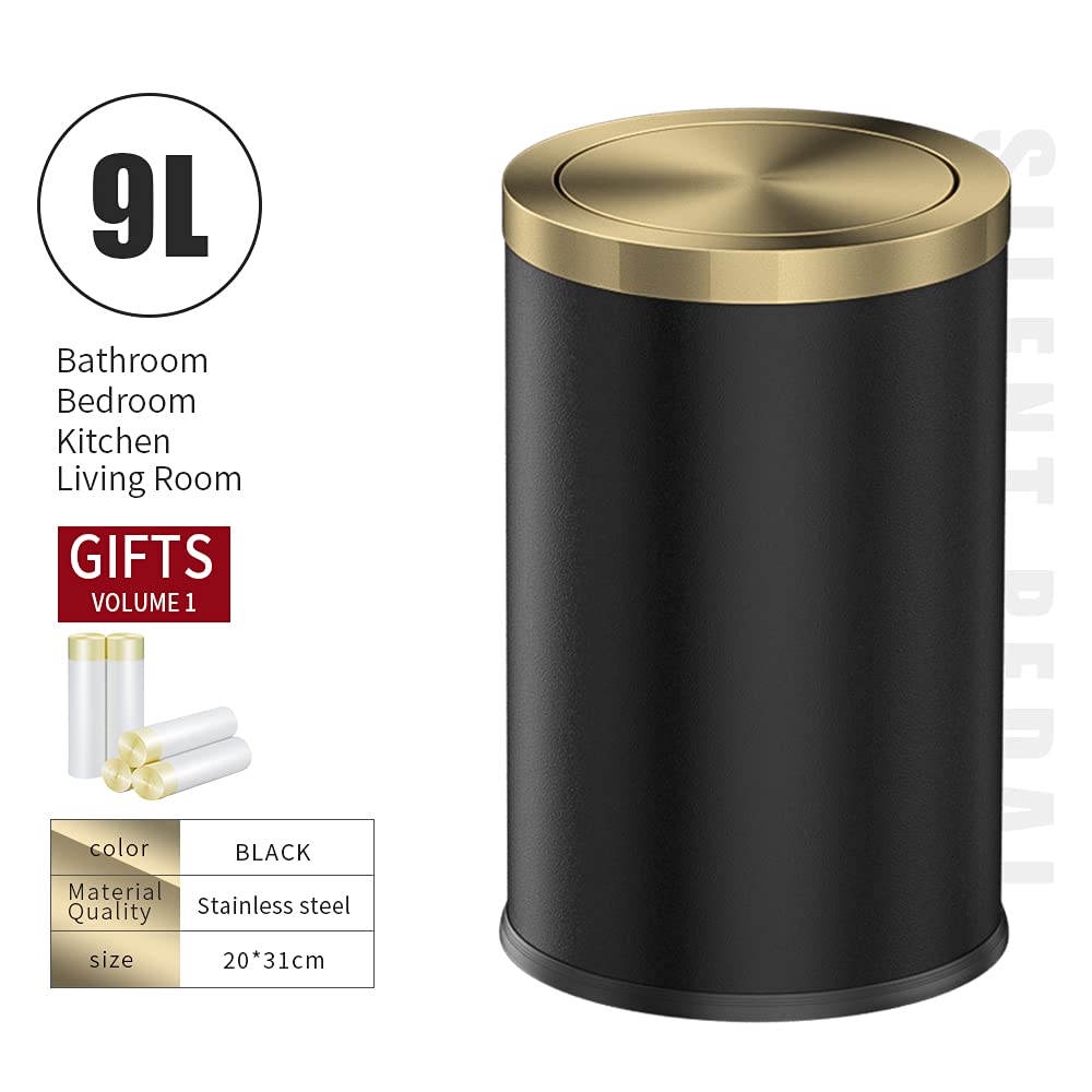 Stainless Steel Small Trash Can with Flip Lid - 9L/2.8 Gallon Kitchen Garbage Bin for Living Room, Bathroom, Bedroom - Black & Gold | Perfect for Waste Disposal in Home, Office & Dorm Rooms