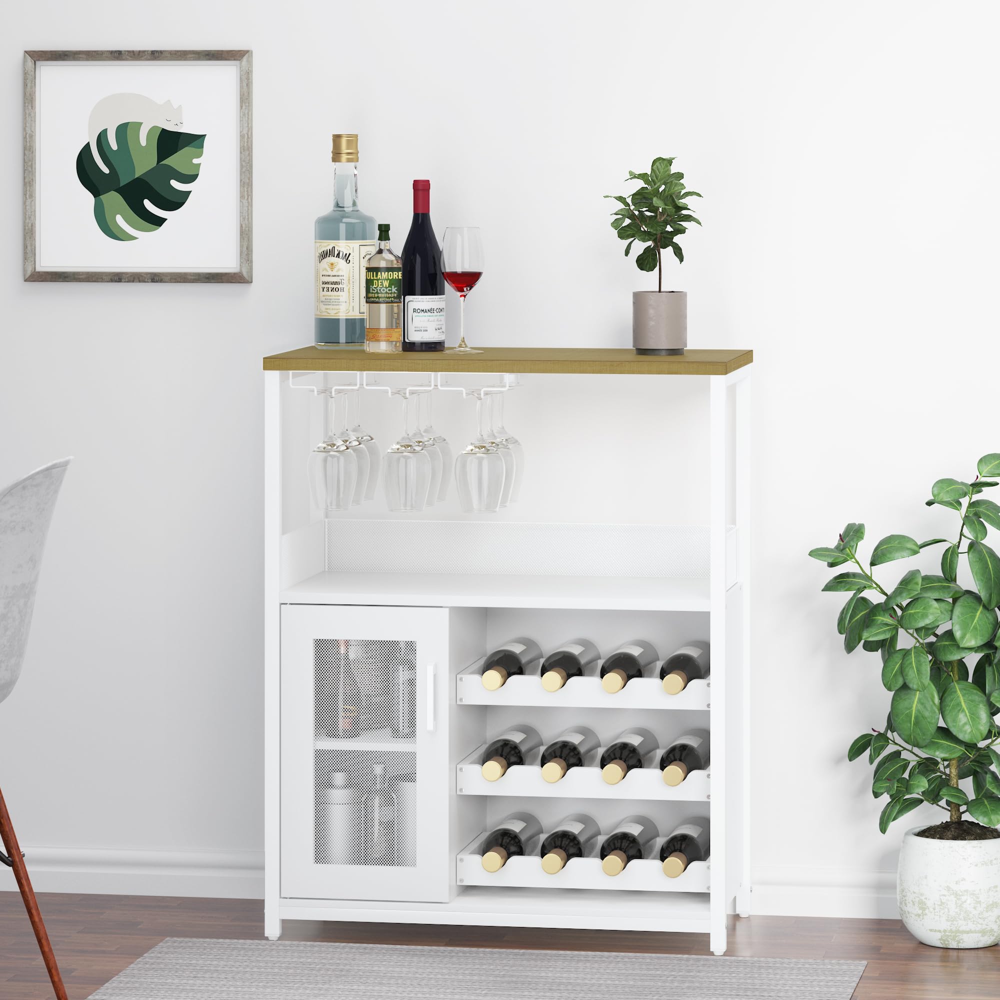 Industrial White Wine Bar Cabinet with Detachable Wine Rack - Farmhouse Coffee Bar Sideboard & Buffet Storage Cabinet for Kitchen, Dining & Living Room - Perfect for Home Bars, Entertaining & Wine Storage (White)