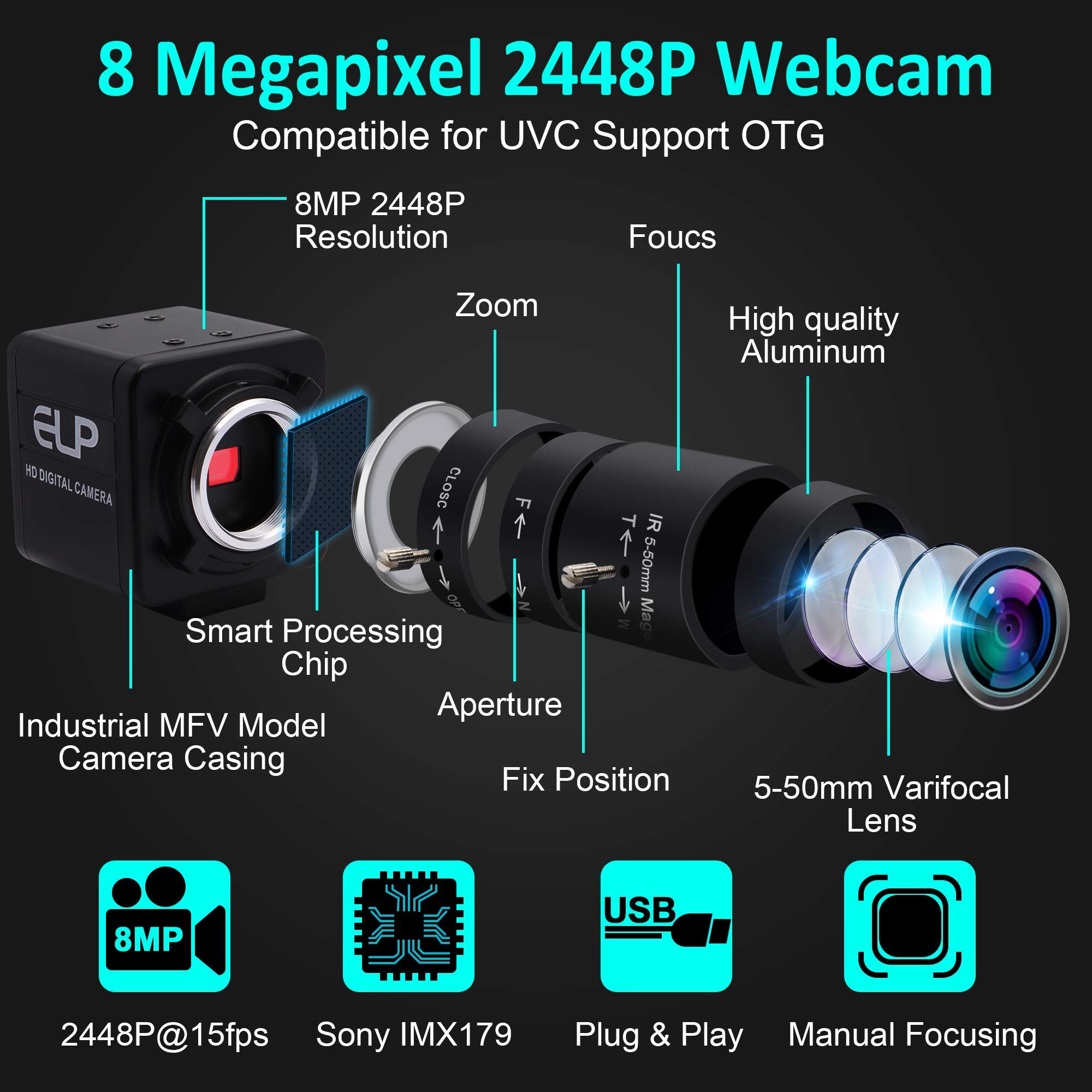 ELP 8MP USB Webcam with 10X Optical Zoom, 5-50mm Varifocal Lens & IMX179 CMOS Sensor - Plug & Play for Windows/Linux/Raspberry Pi - Perfect for Video Conferencing, Online Classes, Live Streaming & Close-up Photography