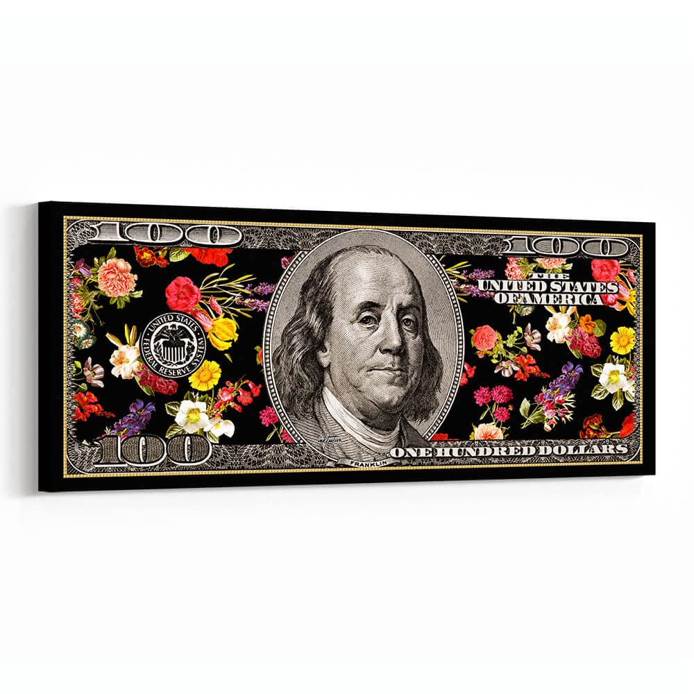 Inktuitive Floral 100 Dollar Bill Canvas Wall Art | Motivational Money Decor for Bedroom, Living Room & Office | 48 x 20 Inches | Perfect for Home, Business & Gift Giving