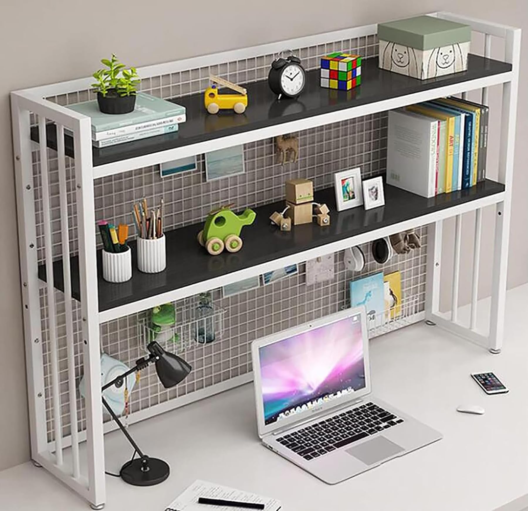 2 Tier Adjustable Wood Desktop Bookcase - 105x24x89cm White Office Bookshelf Organizer for Computer Desk, Home Office Supplies & Display | Perfect for Small Spaces, Workspaces & Book Storage