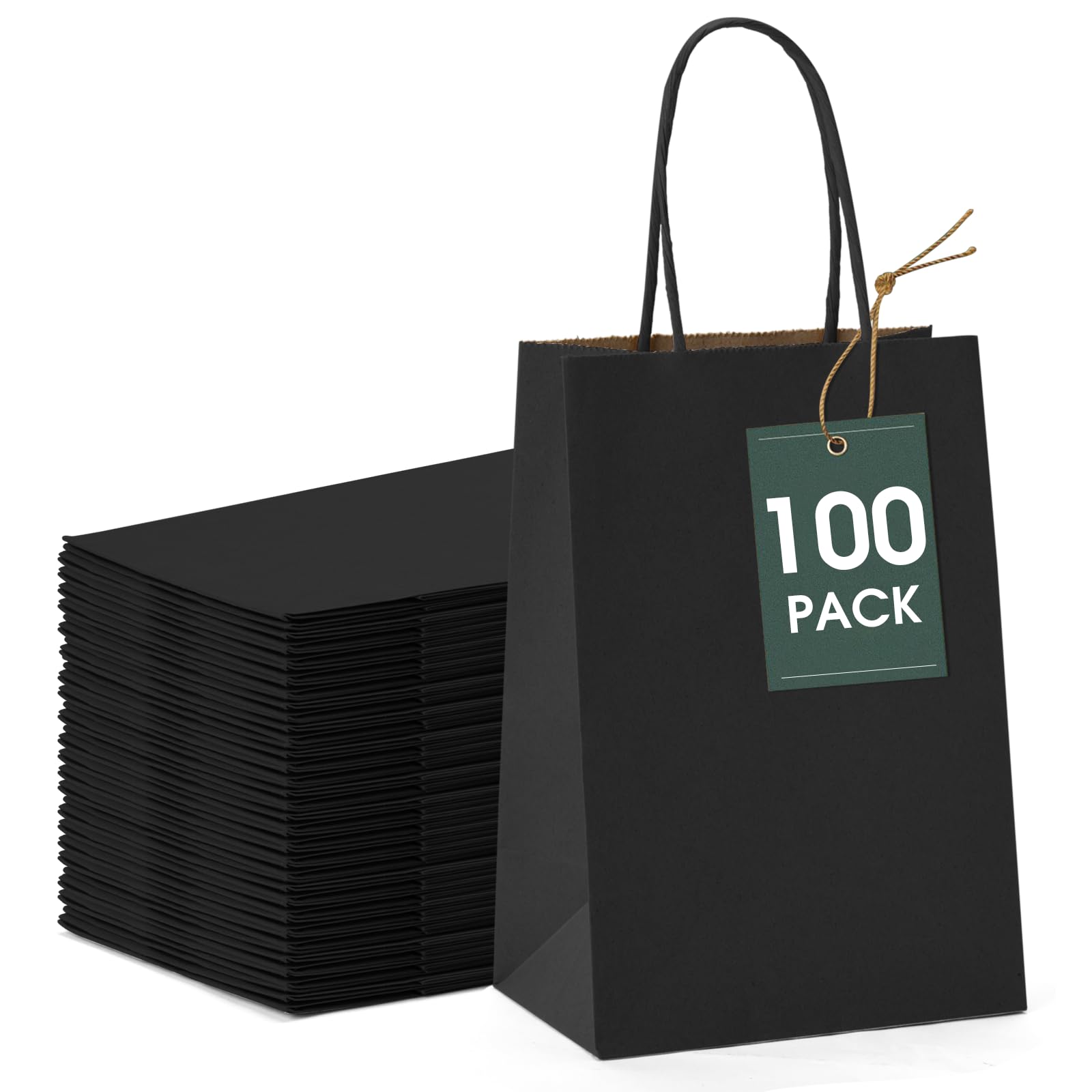 GSSUSA 100Pcs Black Gift Bags 5.25x3.75x8 Inches - Bulk Kraft Paper Bags with Handles for Small Business, Retail Shopping, Party Favors & Valentine's Day Gifts | Perfect for Holiday Packaging, Wedding Favors, Birthday Party Supplies & Corporate Events