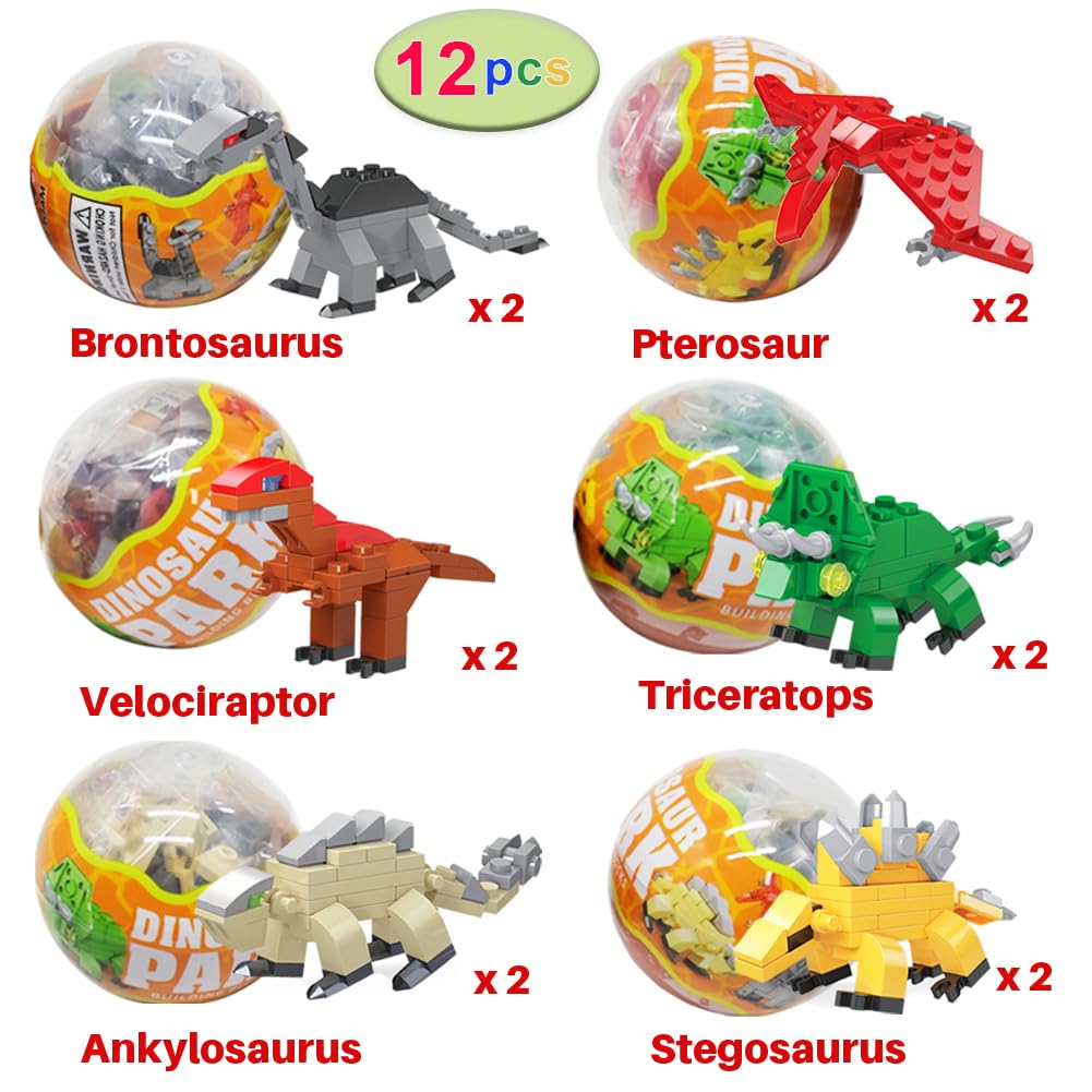 12Pcs PreFilled Easter Eggs with Dinosaur Building Blocks - Kids Easter Egg Hunt Toys, Dinosaur Surprise Eggs for Easter Basket Stuffers, Party Favors & Classroom Prizes - Fun Educational STEM Toys for Easter Celebrations