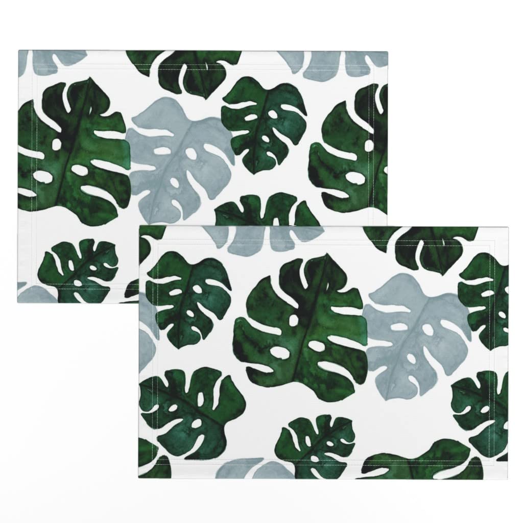 Premium Linen Cotton Canvas Placemats Set of 2 - Large Tropical Monstera Leaf Watercolor Print Table Mats for Dining Room Decor, Kitchen Table Setting, and Dinner Party Essentials | Spoonflower Collection