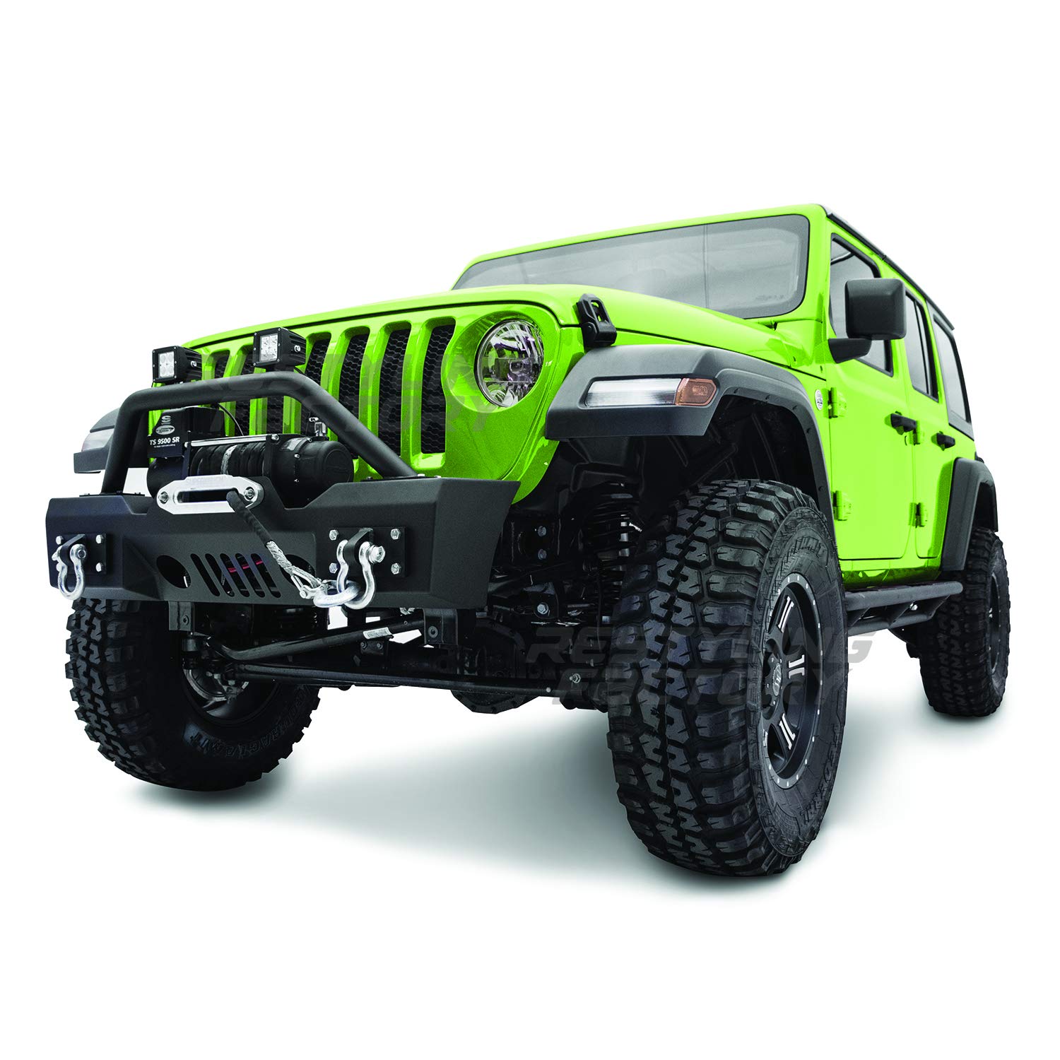 Black Textured Stubby Front Bumper with Fog Light Holes, 2x D-Ring & Winch Plate for 2018-2021 Jeep Wrangler JL - Off-Road Protection & Style Upgrade for Adventure & Trail Riding