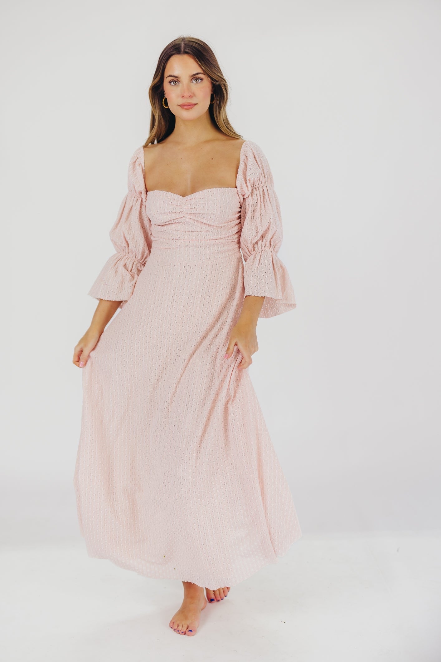 Corrine Tiered Sleeve Maxi Dress with Pockets - Ballerina Pink | Bump Friendly Maternity Dress | Perfect for Weddings, Baby Showers & Summer Vacations