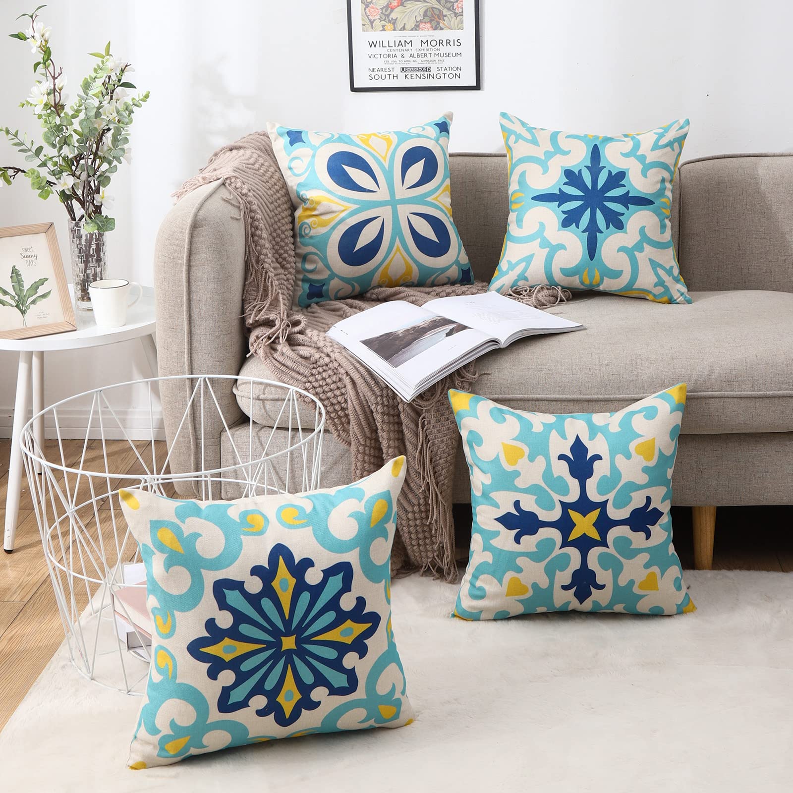 JOJOGOGO Waterproof Outdoor Throw Pillow Covers 18x18 Inch Set of 4 - Floral Boho Farmhouse Decorative Pillow Covers for Patio Furniture, Garden, Porch, Poolside & Backyard Decor