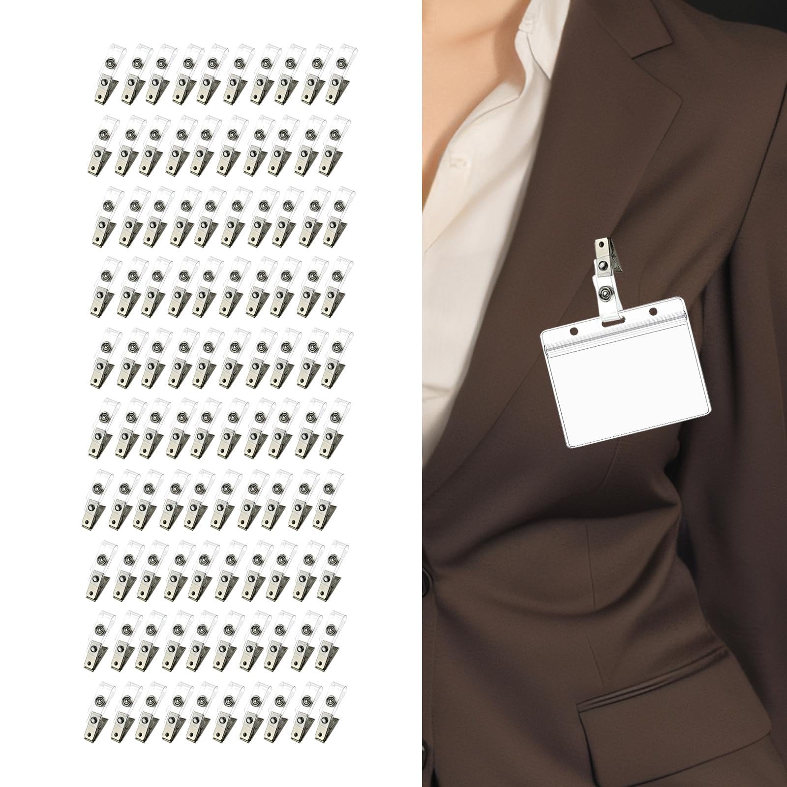 Fancyes 100-Pack Metal Badge Clips - Clear Plastic Name Tag Holders for School, Office, ID Cards & Event Lanyards - Secure & Durable Reusable Badge Clips for Teachers, Students & Employees