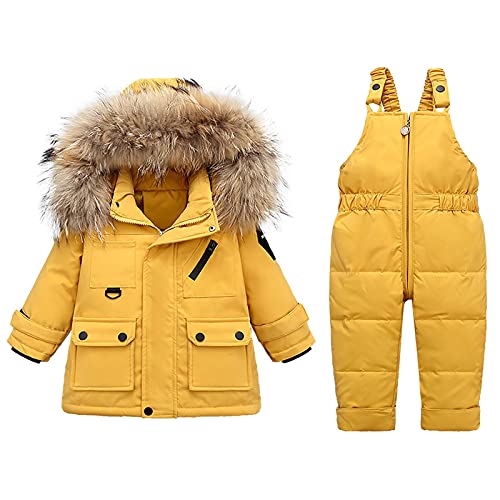 Rusilay Baby Boys & Girls Winter Snowsuit Set - Insulated Hooded Down Jacket & Ski Bib Pants (Yellow, 1-2 Years) - Warm 2-Piece Outfit for Toddler Snow Play, Skiing & Cold Weather Adventures