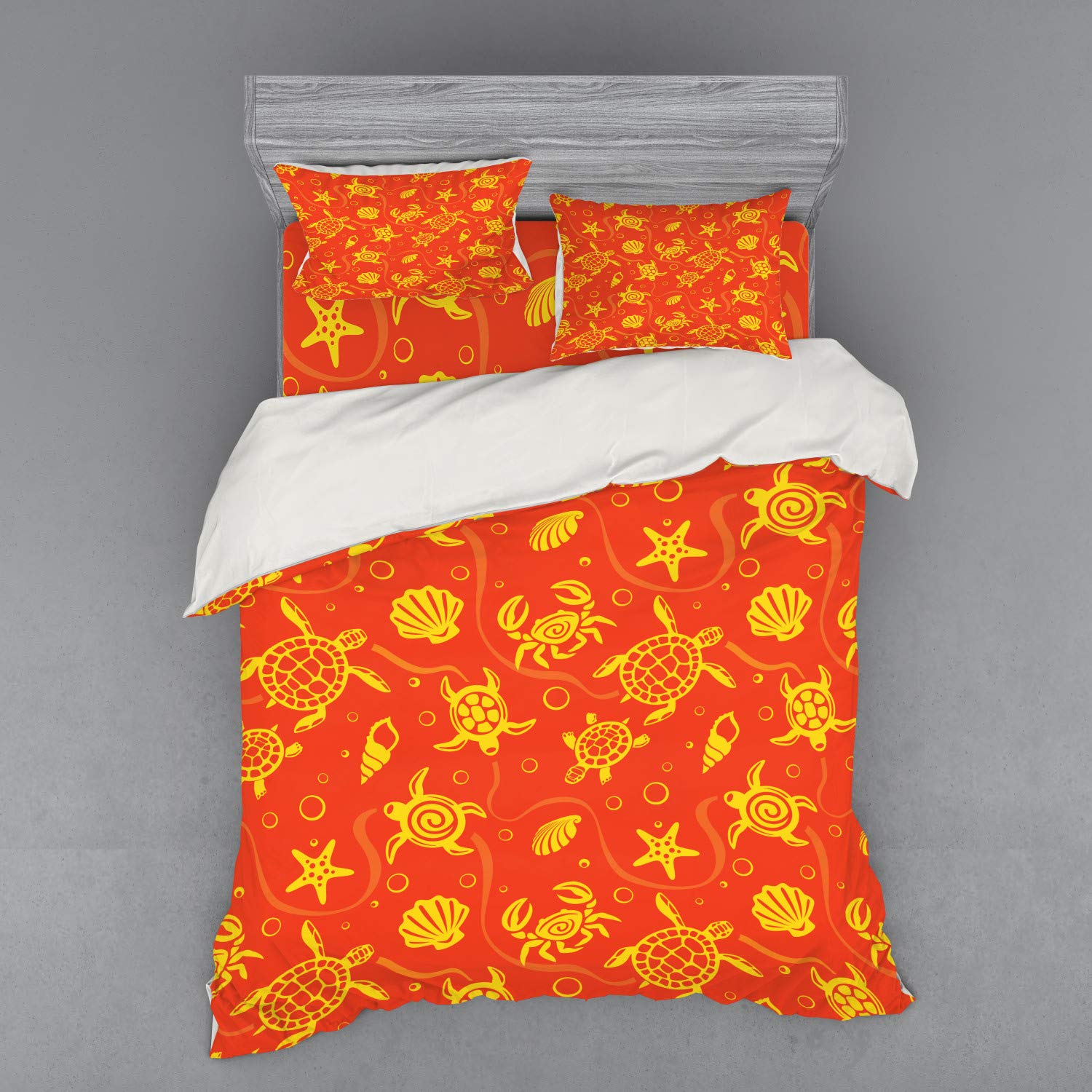 Ambesonne 4-Piece Queen Size Duvet Cover Set - Tropical Swimming Turtles, Crabs, Seashells, Bubbles & Starfish Design in Burnt Orange & Yellow | Includes Shams & Fitted Sheet | Perfect for Beach-Themed Bedrooms, Coastal Decor & Summer Home Styling