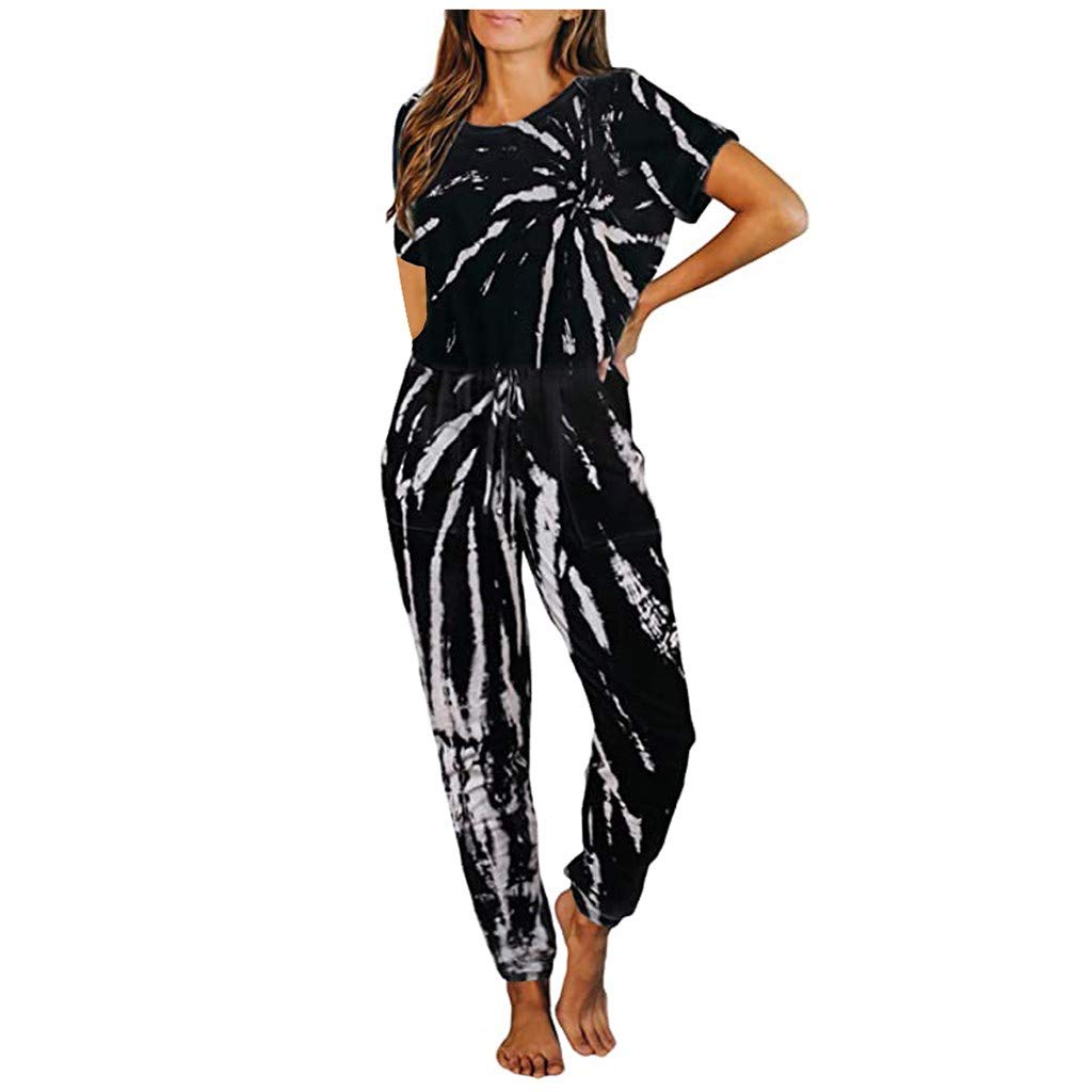 Women's Tie Dye Loose Fit Short Sleeve Sleep Shirt Onesie Set - Comfortable Pajama Outfit for Lounge, Sleep & Home Wear - Soft Casual Romper for Women (Style C7)