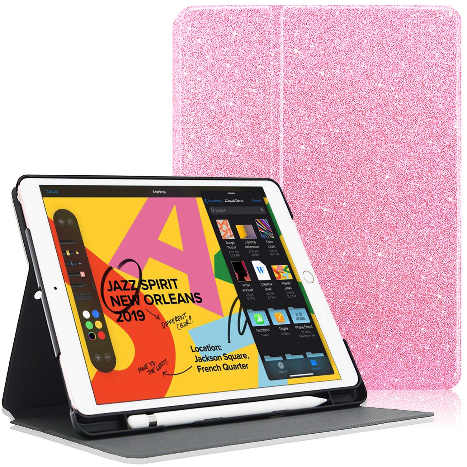Premium PU Leather iPad Case with Pencil Holder - Compatible with iPad 8th/7th Gen 10.2
