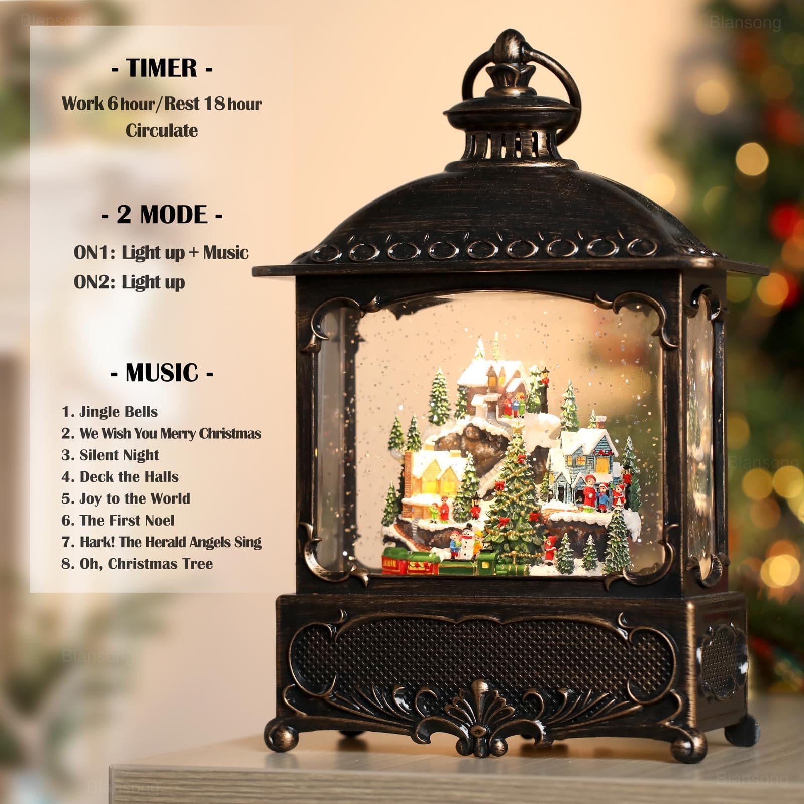 10.2 Inch Christmas Snow Globe Lantern with Timer - USB & Battery Powered Holiday Village Decor for Home, Office, Party | Perfect for Mantel, Tabletop & Gift Giving