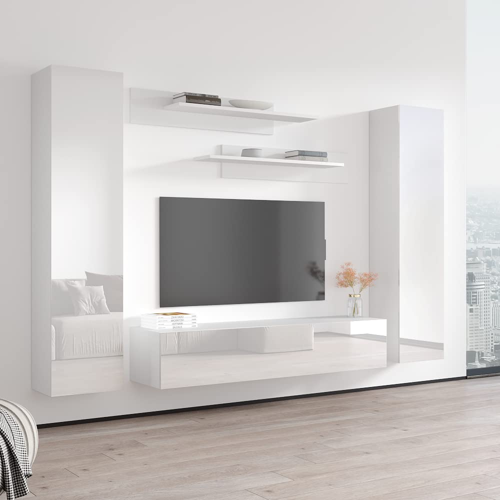 Modern Floating TV Stand with Storage & LED Lights - Wall-Mounted Entertainment Center Console for Bedroom & Living Room - White Meble Furniture Fly AB1 30