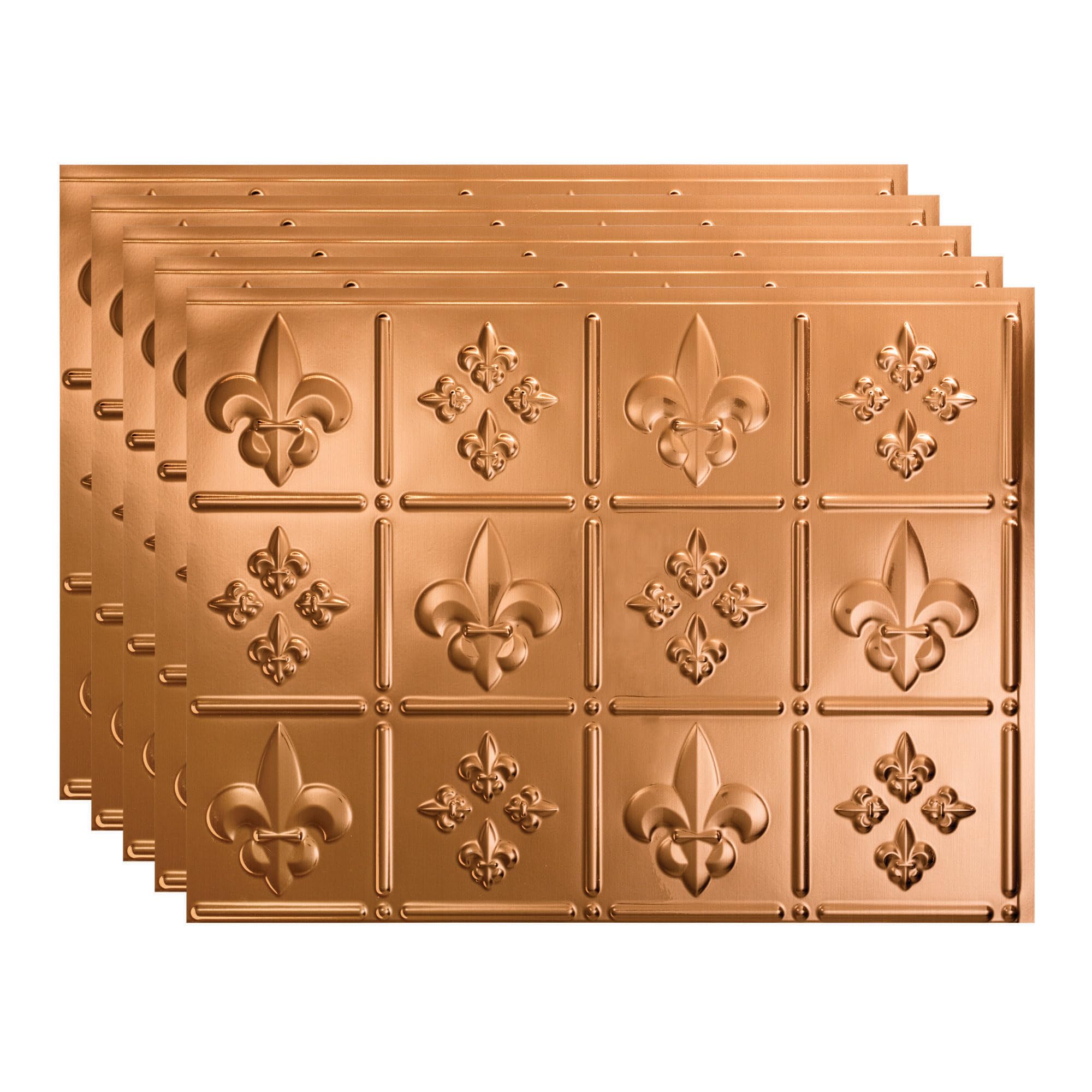 Fleur-de-Lis Decorative Vinyl Backsplash Panel - 18x24 Inch Peel & Stick Wall Decor - Polished Copper Finish (5 Pack) - Perfect for Kitchen Backsplash, Bathroom Accent Wall & Home Decor