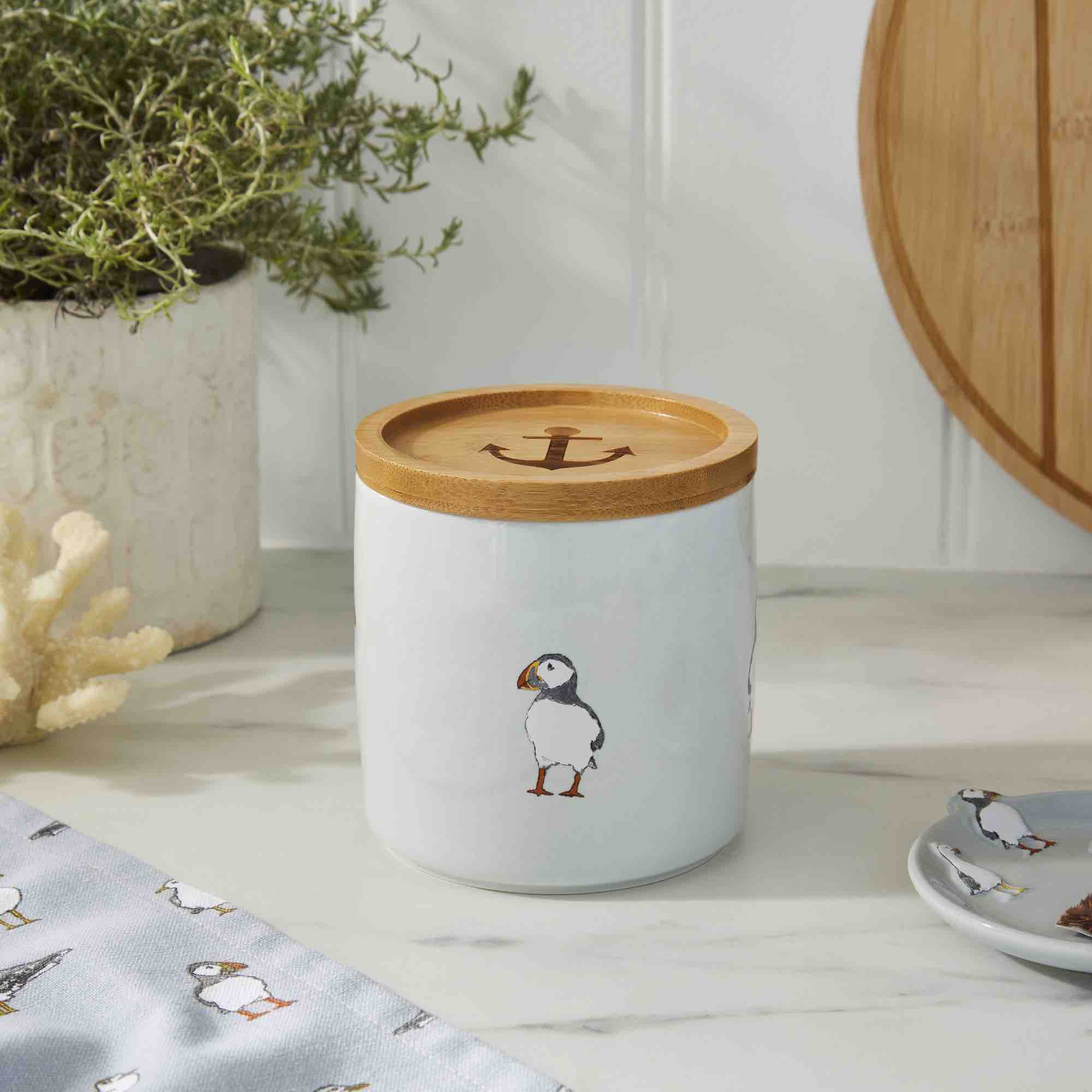 Small Ceramic Canister with Coastal Birds Design - Perfect for Kitchen Storage, Bathroom Organization & Home Decor