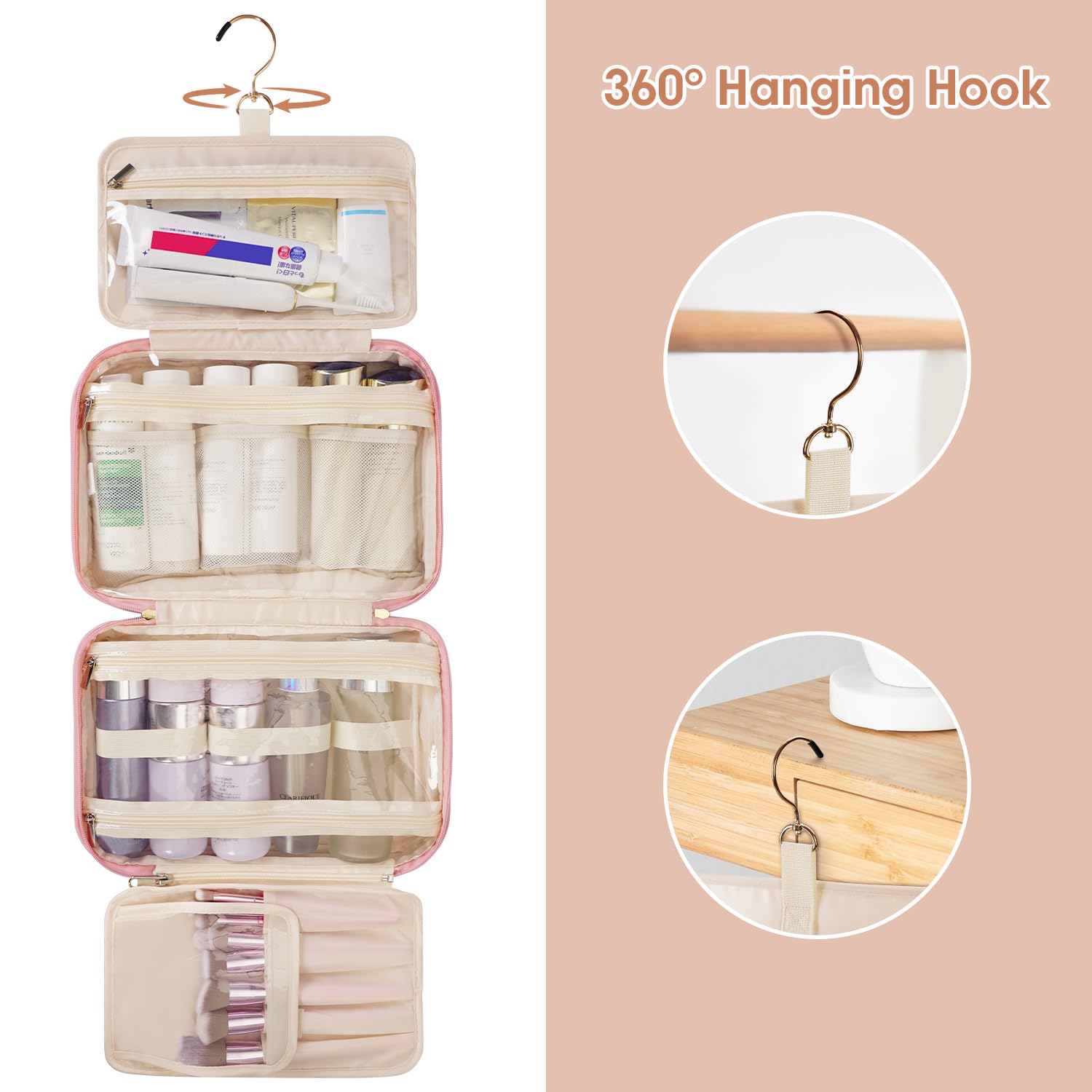 Waterproof Hanging Toiletry Bag for Women - Pink Travel Cosmetic Organizer with 4 Compartments for Makeup & Skincare