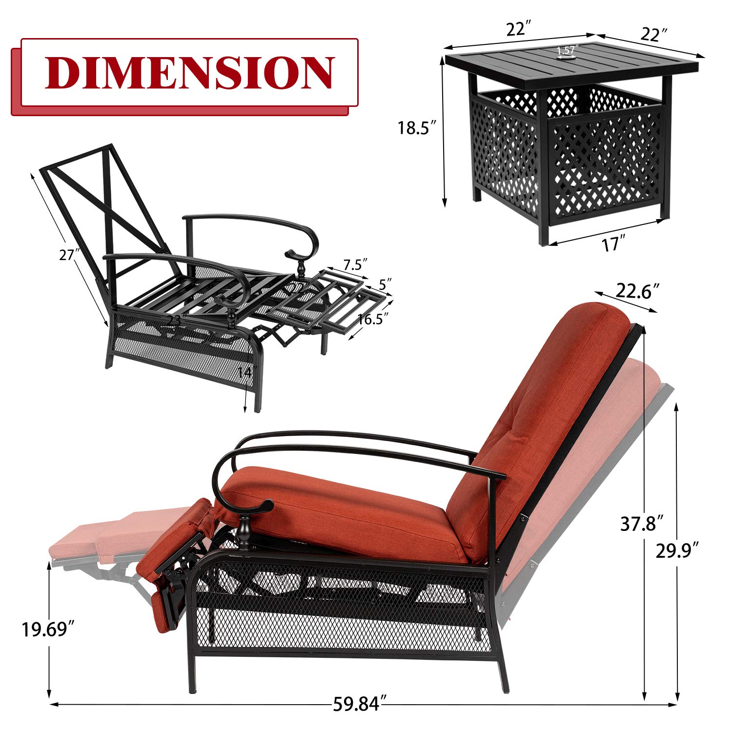 **Adjustable Outdoor Lounge Chair with Recliner & Side Table Set - Patio Chaise with Red Cushion & Umbrella for Poolside, Garden, or Backyard Relaxation**