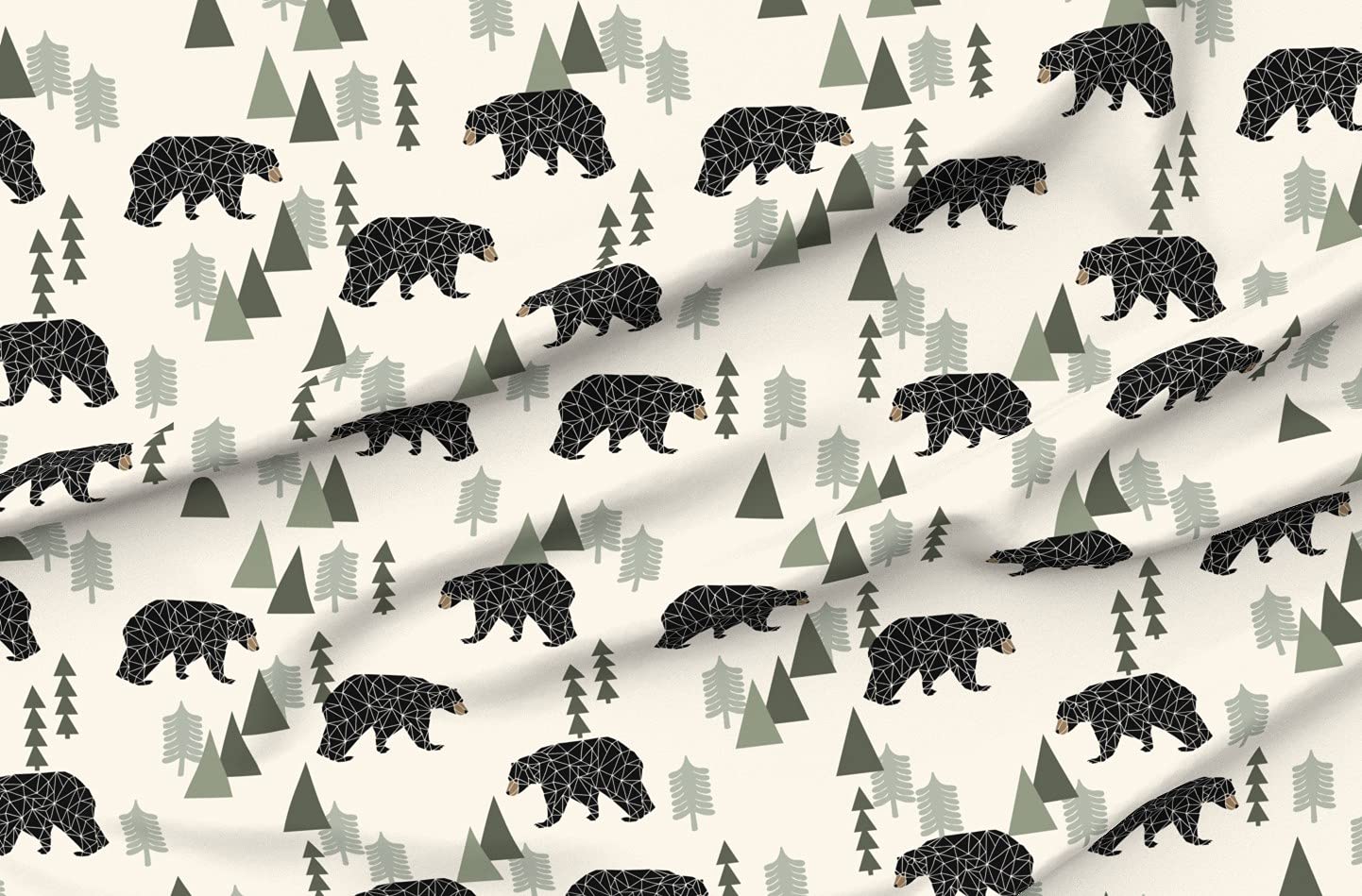 Forest Bear Cream Green Neutral Nursery Boys Mountain Woodland Printed Velvet Fabric by The Yard - Spoonflower Upholstery Fabric for Home Decor, Apparel & DIY Projects - Perfect for Nursery Curtains, Throw Pillows & Kids Clothing