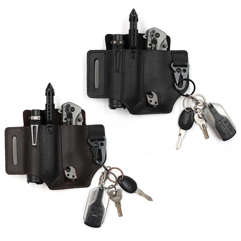 Premium Leather Multitool Sheath for Belt - EDC Pocket Organizer with Pen Holder, Key Fob & Flashlight Loop | Durable Leatherman Sheath for Men | Perfect for Camping, Hiking & Everyday Carry (Brown)