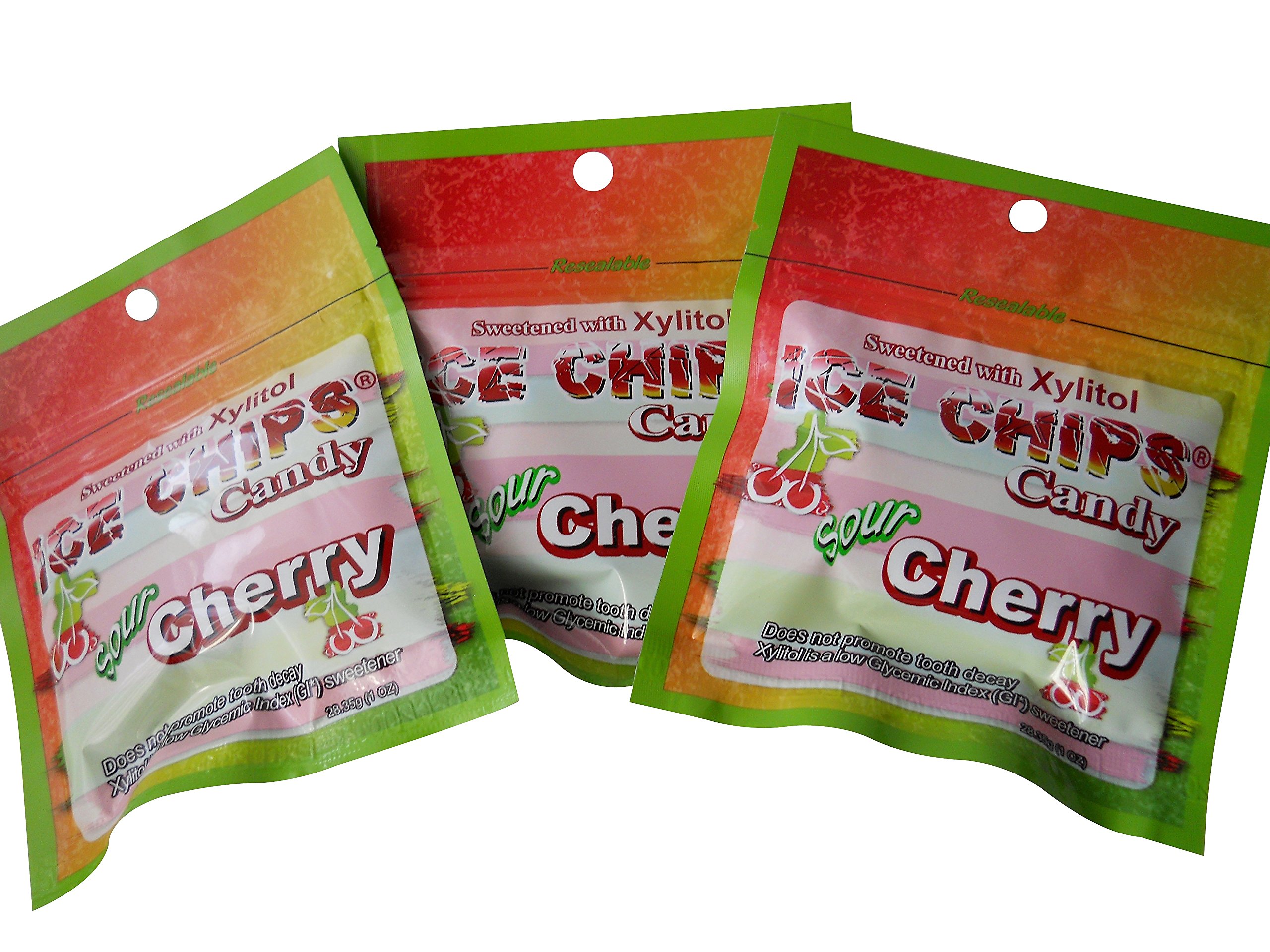 Sour Cherry Ice Chips Candy - 3 Pack Resealable Bags | Sugar Free Hard Candy for Kids & Adults | Perfect for Office Snacks, Travel Treats & Party Favors