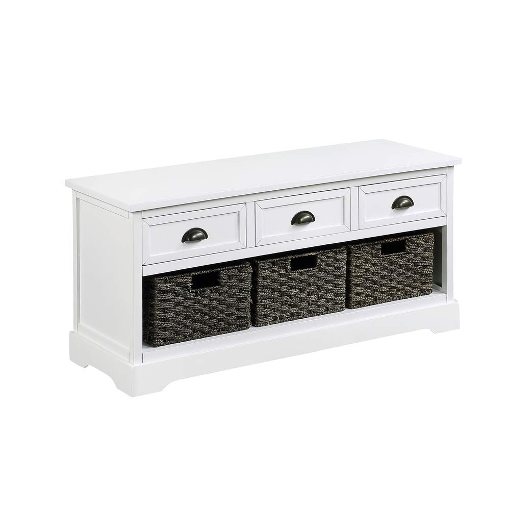 Fuara Homes Collection White Wicker Storage Bench with 3 Drawers & 3 Woven Baskets - Perfect for Entryway, Bedroom, or Living Room Organization