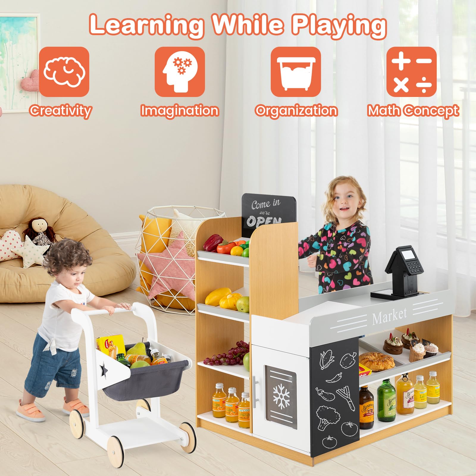 HONEY JOY Kids Wooden Grocery Store Playset with Shopping Cart, Supermarket Checkout Stand, Blackboard & Display Shelves - Pretend Play Toy for Toddlers & Preschoolers | Perfect Gift for Boys & Girls | Natural Wood Design for Home, Classroom & Playroom Fun