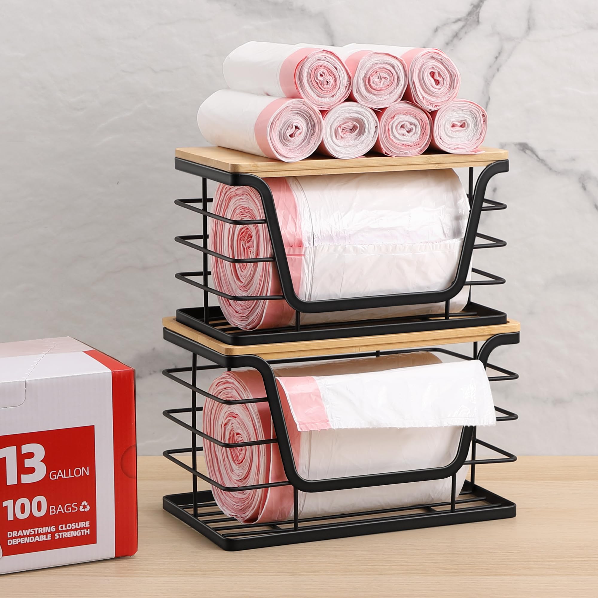 2 Pack Stackable Bamboo Top Storage Organizers for Kitchen & Laundry - Wall Mount Trash Bag Holder & Garbage Bag Dispenser - Perfect for Pantry, Bathroom, Garage Organization & Waste Management