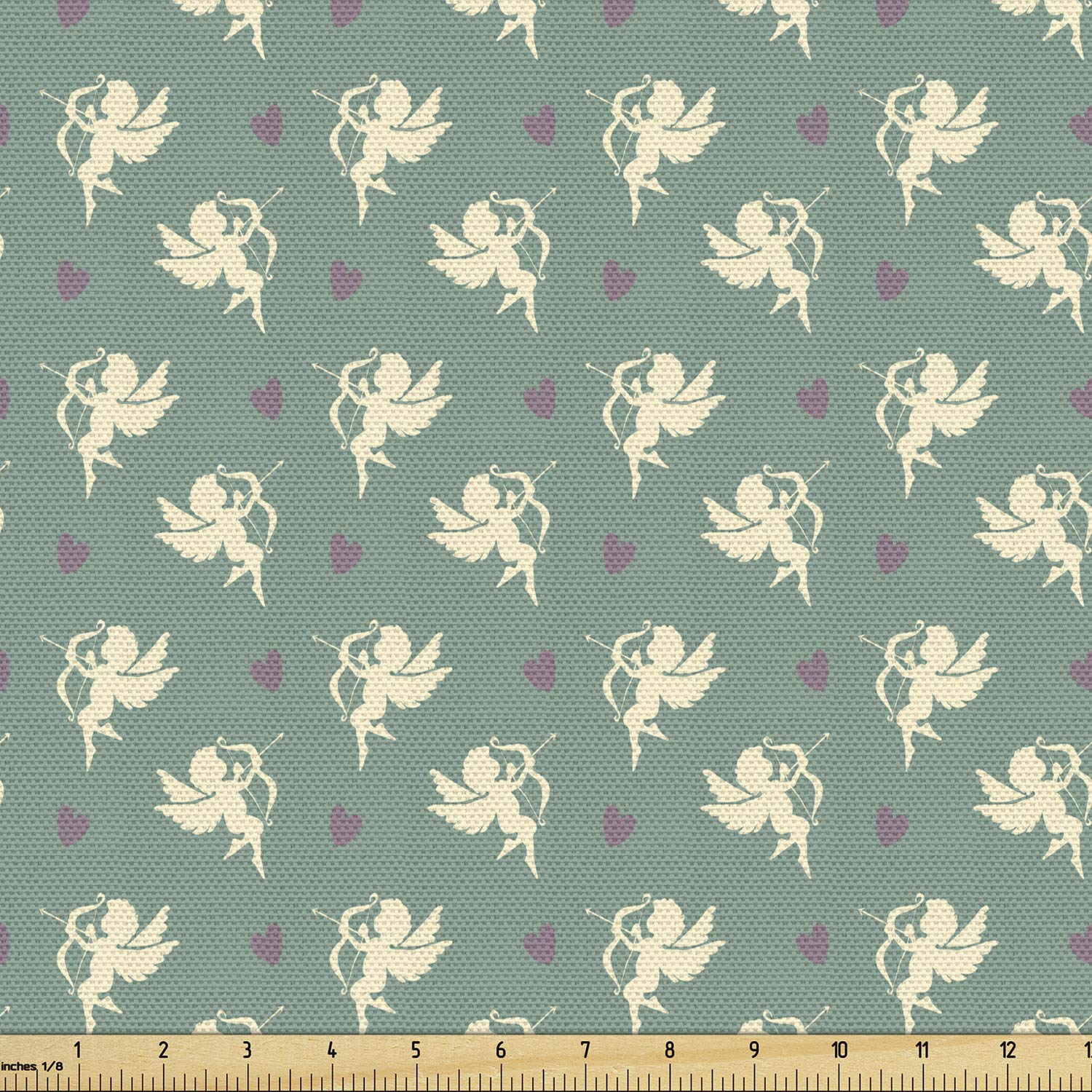 Ambesonne Green Fabric by The Yard - Greek Inspired Romance Cupid Silhouette with Hearts Print, Decorative Upholstery Fabric for Sofa, Curtains & Home Decor, 10 Yards, Jade Green Purple Cream - Perfect for DIY Projects, Pillow Covers & Table Runners