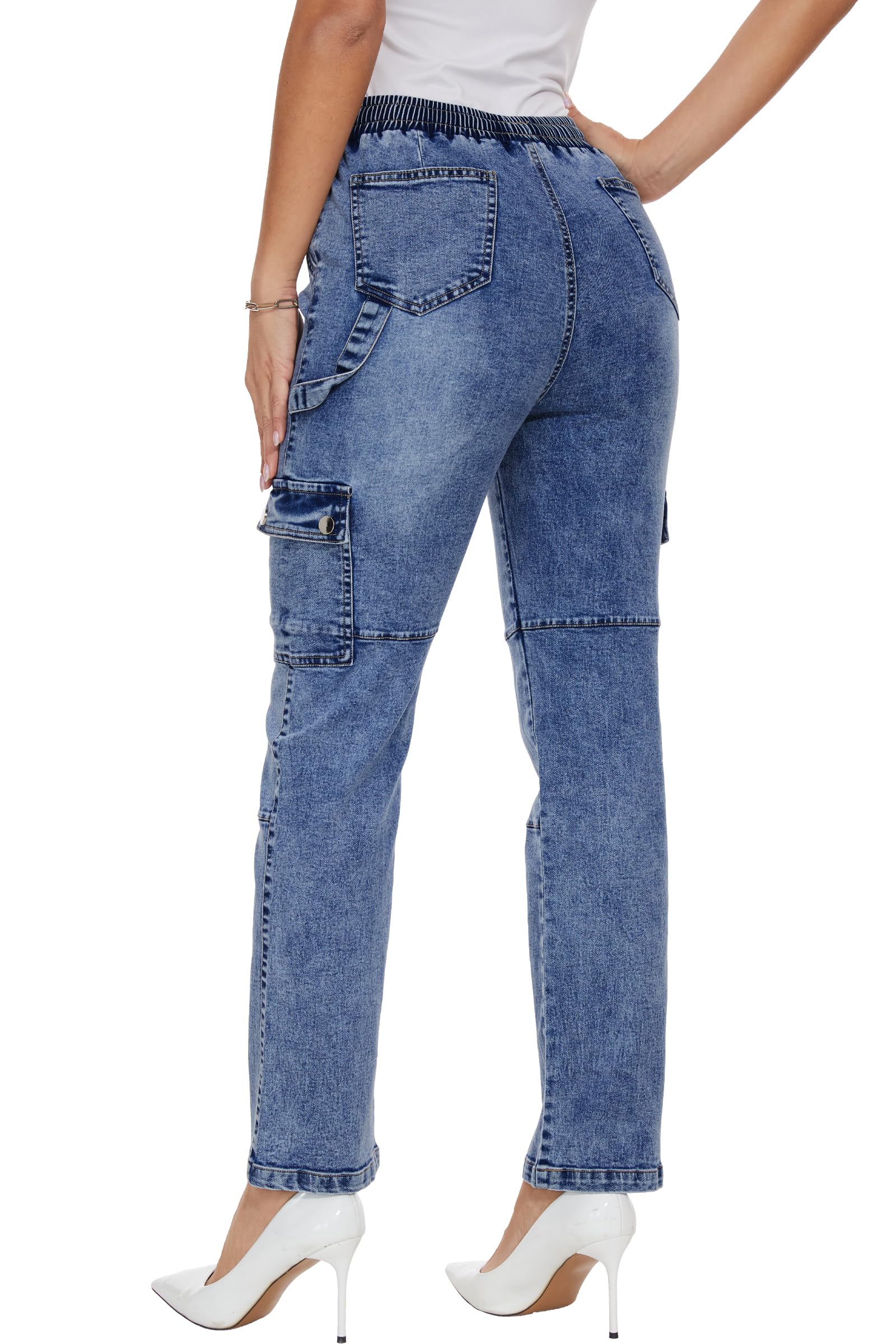 HVEPUO Women's Casual Straight Leg Cargo Pants - High Waisted Stretch Jeans with Multiple Pockets | Perfect for Work, Travel & Everyday Wear