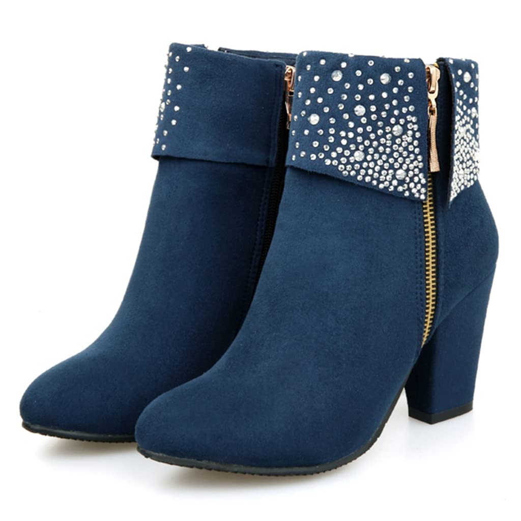 MIOKE Women's Chunky Block Heel Ankle Boots - Rhinestone Decor Suede Round Toe Zipper Booties for Party, Club & Evening Dress Outfits