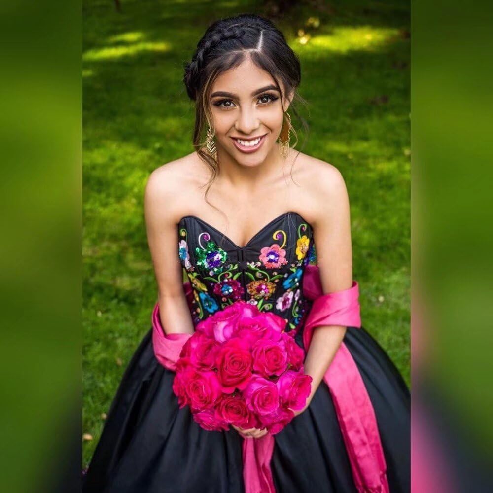 Exquisite Mexican Style Quinceanera Dresses - Floral Embroidered Beaded Strapless Ball Gown with Satin Fabric for Sweet 16 & Prom 2025 | Perfect for Quinceañera Celebrations, Debutante Balls, and Formal Evening Events