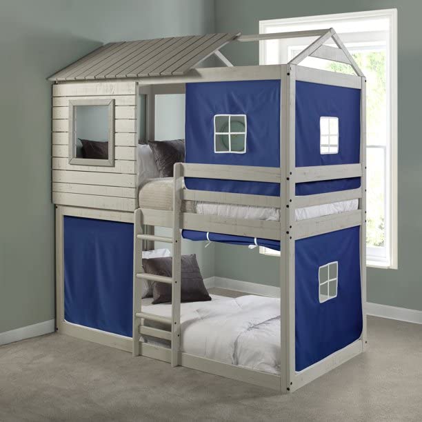 Cartesian Bella Vista Grey Solid Pine Wood Junior Twin Over Twin Standard Loft Bunk Bed with Blue Tent - Space-Saving Kids Bunk Bed for Small Rooms, Dormitories & Sleepovers