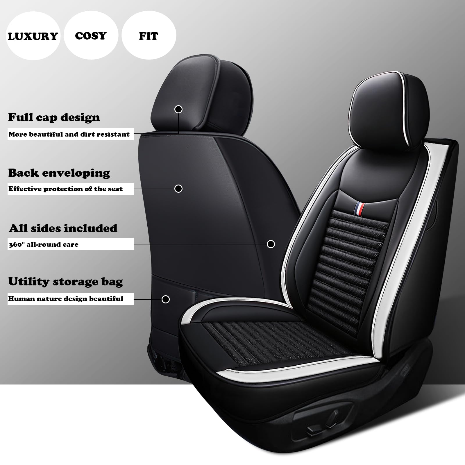 Premium Leather Car Seat Cover for Land Rover Discovery Sport 2015-2025 | Universal Anti-Slip Design Fits Most Cars, Sedans, SUVs & Trucks | Black & White | Perfect for Daily Commute, Road Trips & Car Protection