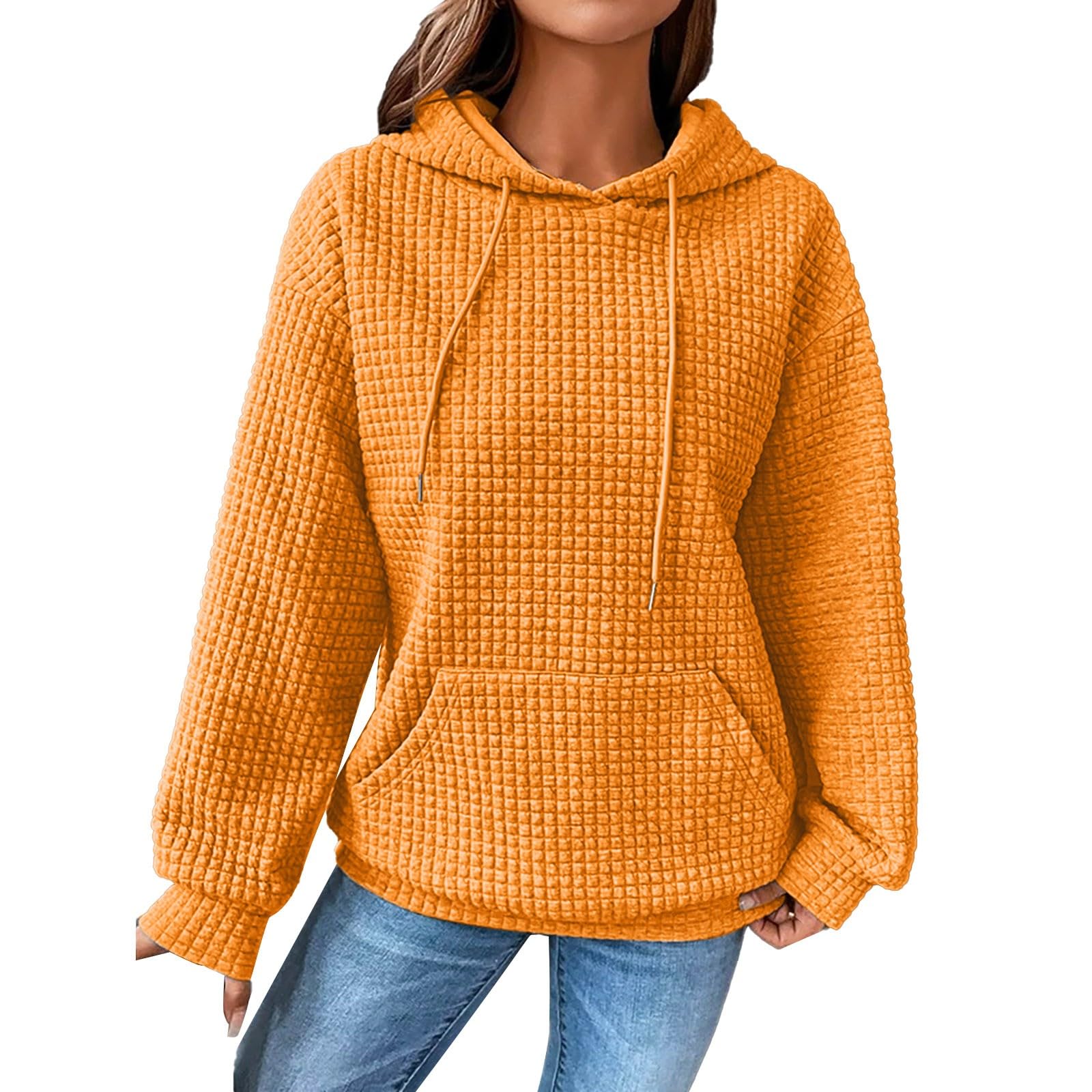 Ogiraw Women's Waffle Knit Hoodie with Drawstring & Pocket - Trendy Pullover Sweatshirt for Fall Winter Fashion | Casual Outfit for Daily Wear, Travel & Outdoor Activities