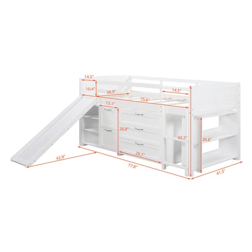 Twin Size Wood Loft Bed with Slide, Study Desk & Storage Cabinets - White | Space-Saving Kids Bedroom Furniture for Small Rooms & Dorm Rooms