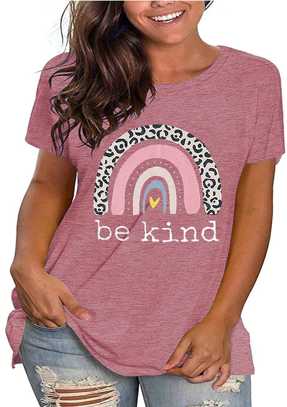 Plus Size Be Kind T-Shirt for Women - Cute Rainbow Graphic Tee with Inspirational Message, Funny Teacher Shirt, Comfortable Short Sleeve Top for Casual Wear, Work, School & Everyday Kindness Outfits
