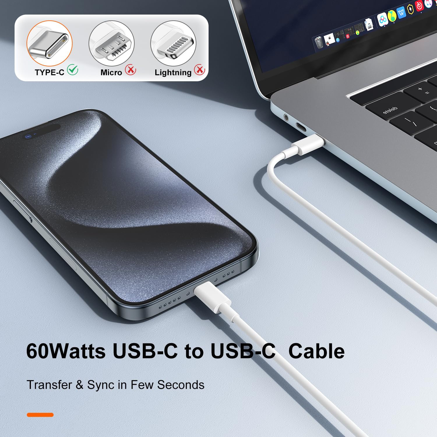 2-Pack 1M USB C to USB C Fast Charging Cable for iPhone 15/16 Series, iPad Pro/Air & MacBook - Super Fast Charging, Durable & Tangle-Free - Perfect for Home, Office & Travel