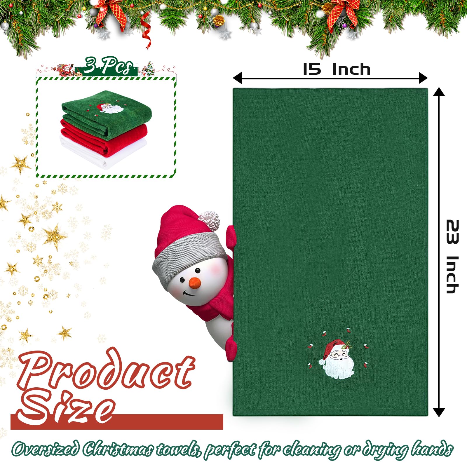 3-Pack Christmas Hand Towels - 100% Cotton Soft Absorbent Kitchen & Bath Towels (15