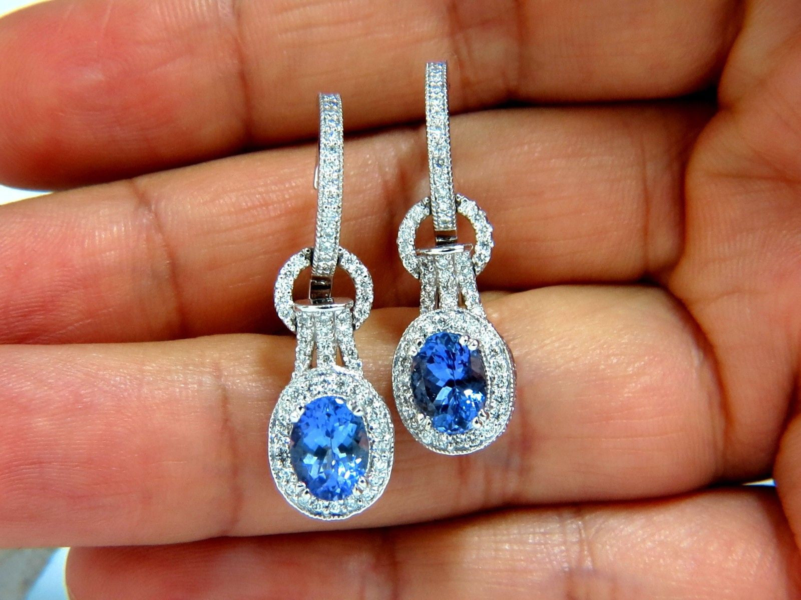 3.40 Carat Natural Oval Brilliant Tanzanite Diamond Dangle Earrings in 14K Gold - Elegant Jewelry for Weddings, Parties & Special Occasions