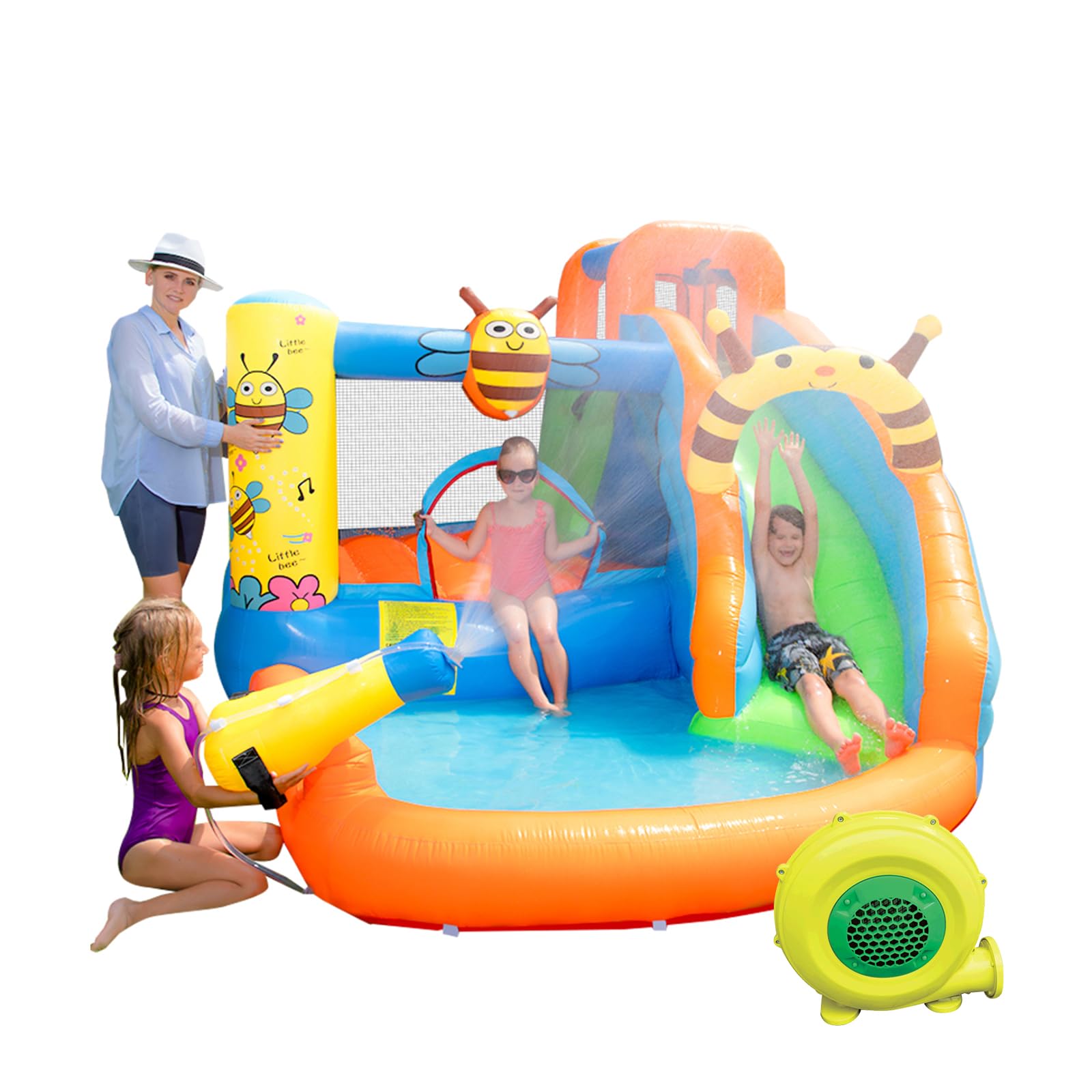 **Doctor Dolphin Inflatable Water Slide & Bounce House - Wet/Dry Play with Blower, Bee Theme Outdoor Water Park Toy for Kids - Perfect for Backyard Parties, Summer Fun & Family Gatherings**